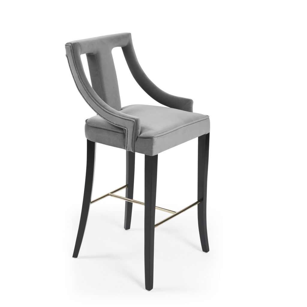 Juliette Grey Velvet Bar Stool with Gold Trim Footrest Grosvenor