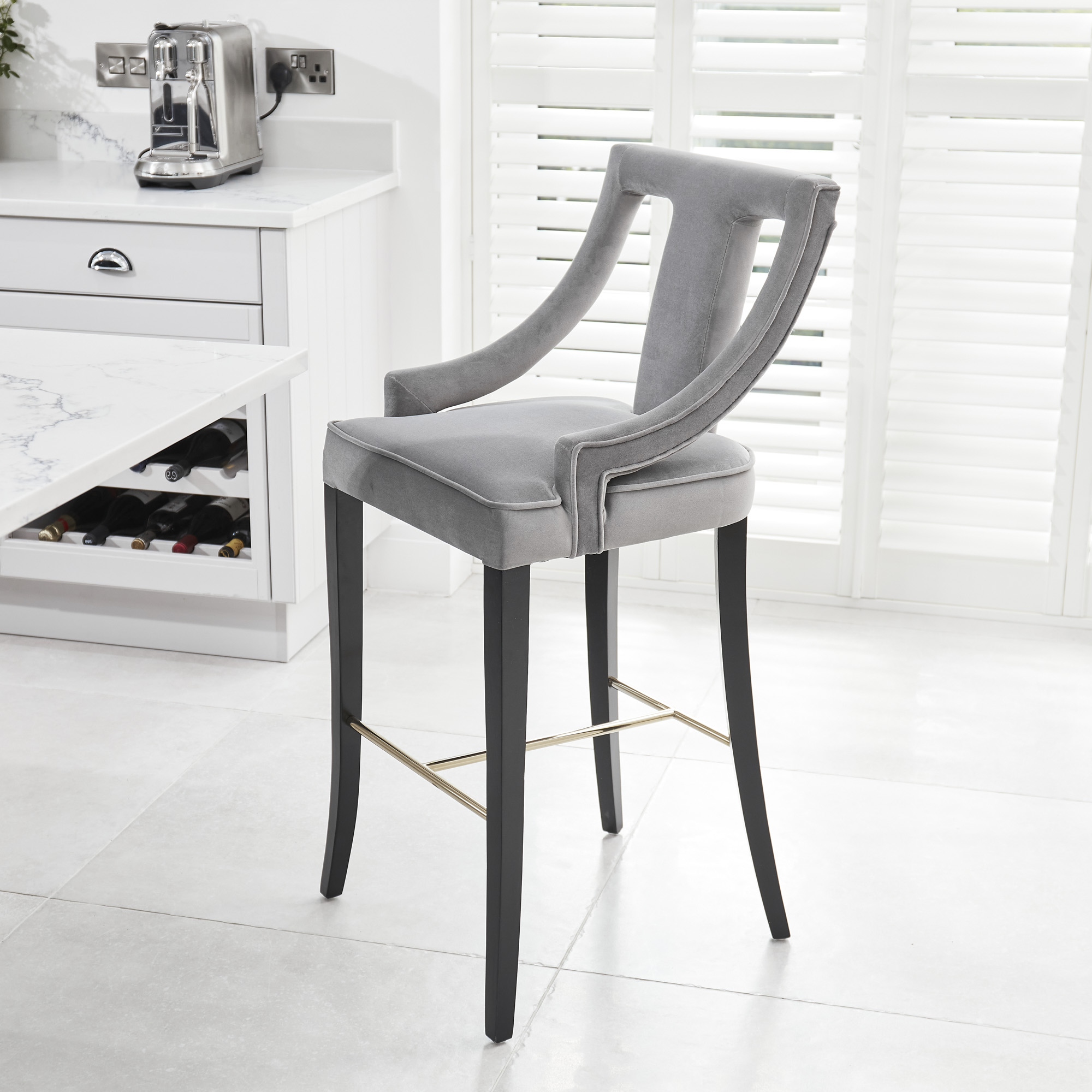 Juliette Grey Velvet Bar Stool with Gold Trim Footrest