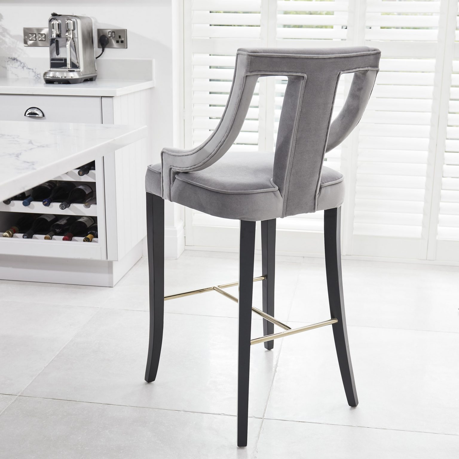 Juliette Grey Velvet Bar Stool with Gold Trim Footrest Grosvenor