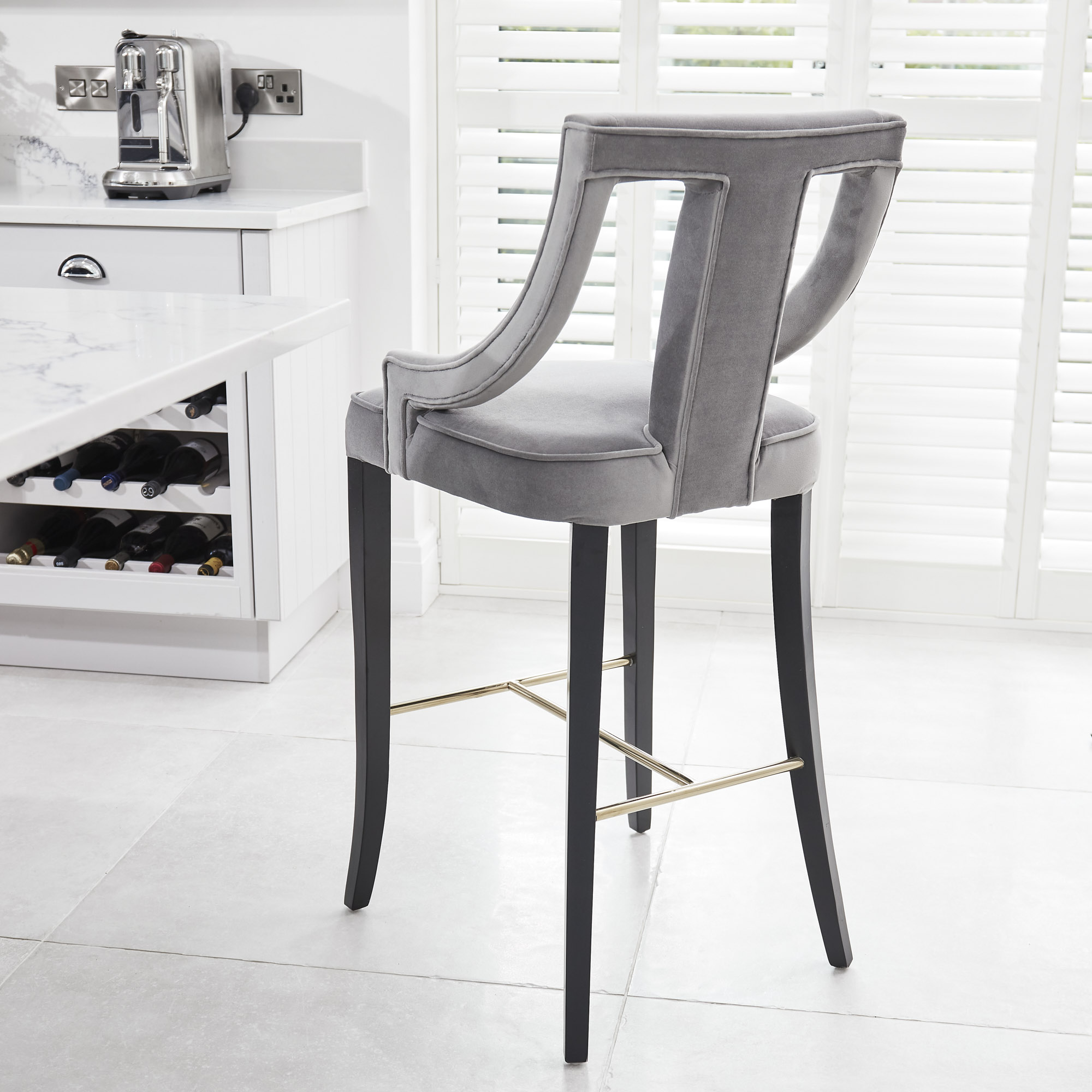 Juliette Grey Velvet Bar Stool with Gold Trim Footrest