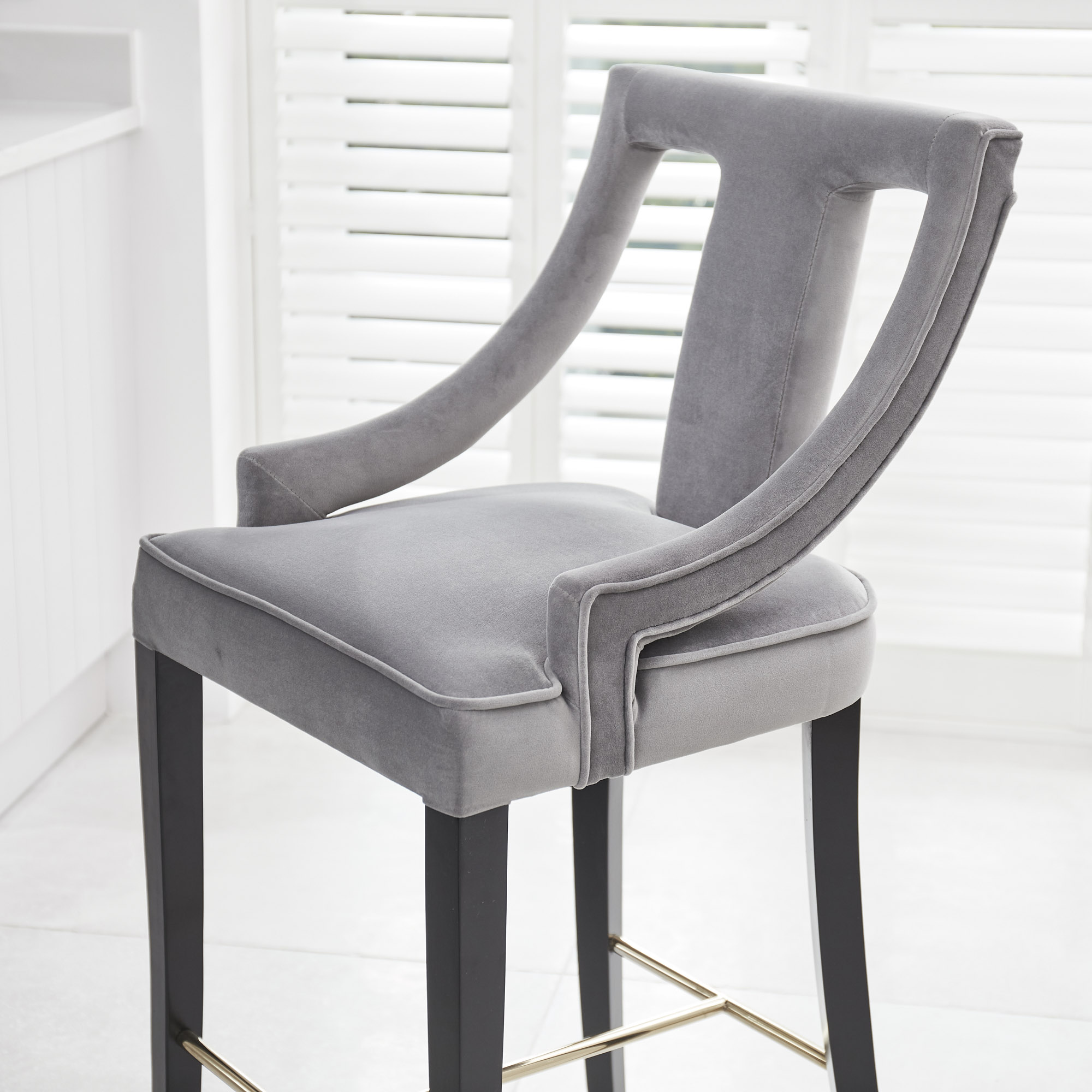 Juliette Grey Velvet Bar Stool with Gold Trim Footrest