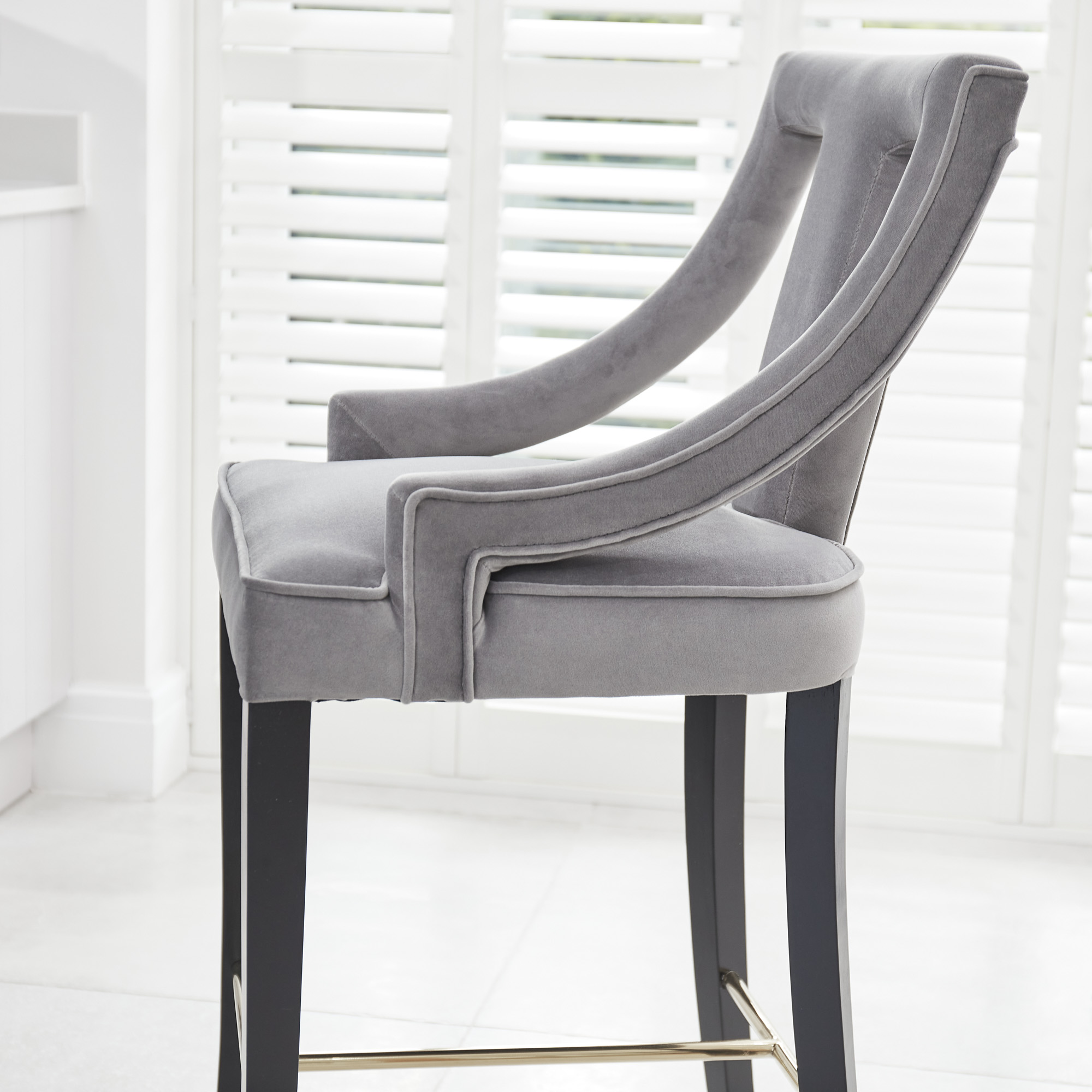 Juliette Grey Velvet Bar Stool with Gold Trim Footrest