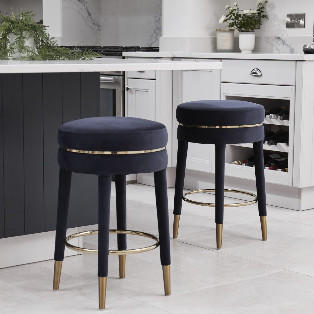 Isabel Dark Blue Velvet Counter Bar Stool with Gold Trim Footrest