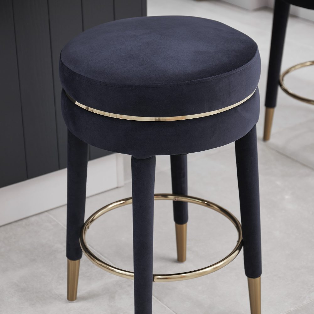 Isabel Dark Blue Velvet Counter Bar Stool with Gold Trim Footrest - Image 5