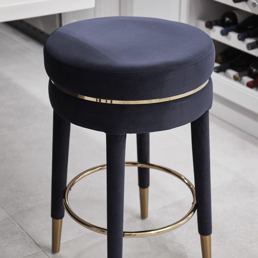 Isabel Dark Blue Velvet Counter Bar Stool with Gold Trim Footrest - Image 4