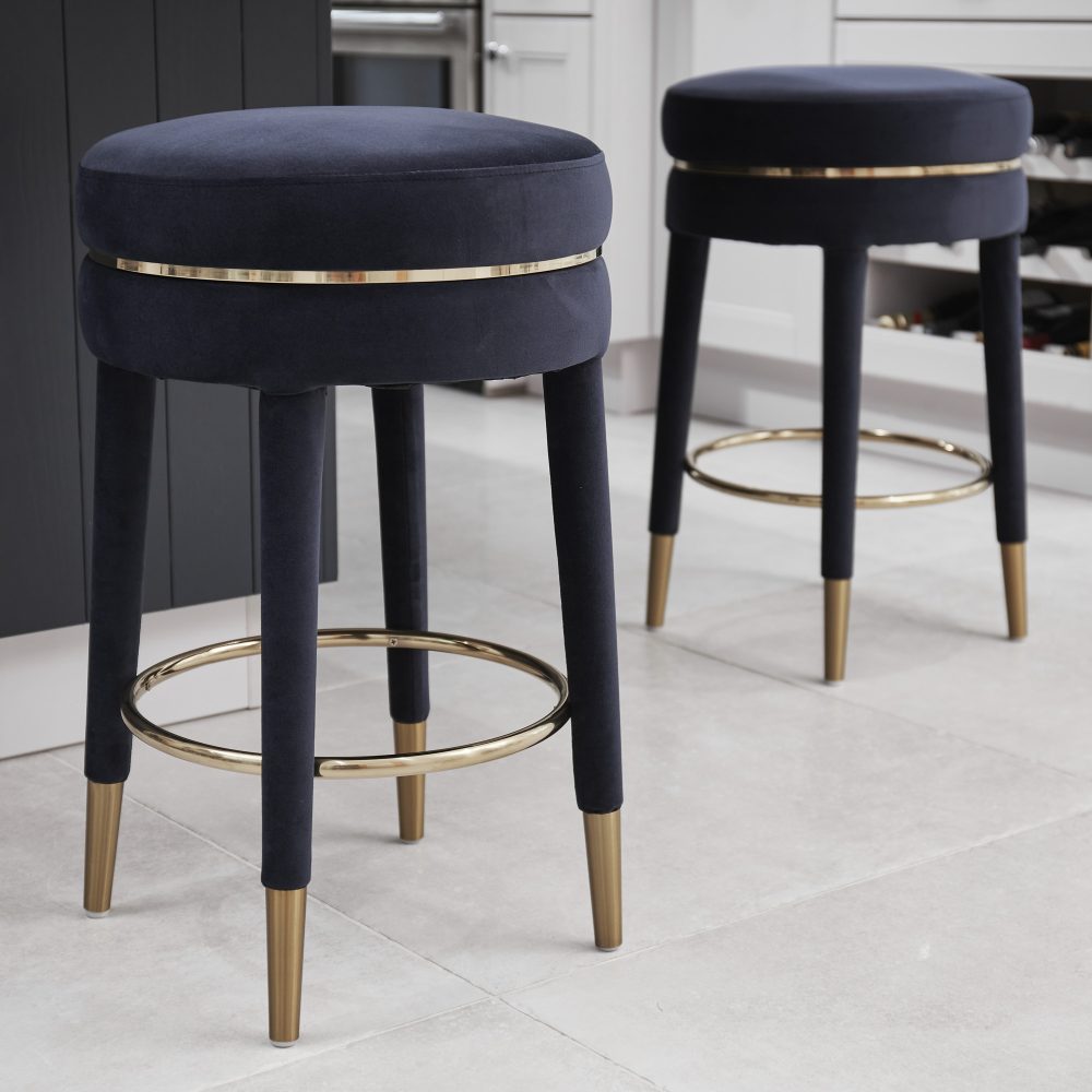 Isabel Dark Blue Velvet Counter Bar Stool with Gold Trim Footrest - Image 3