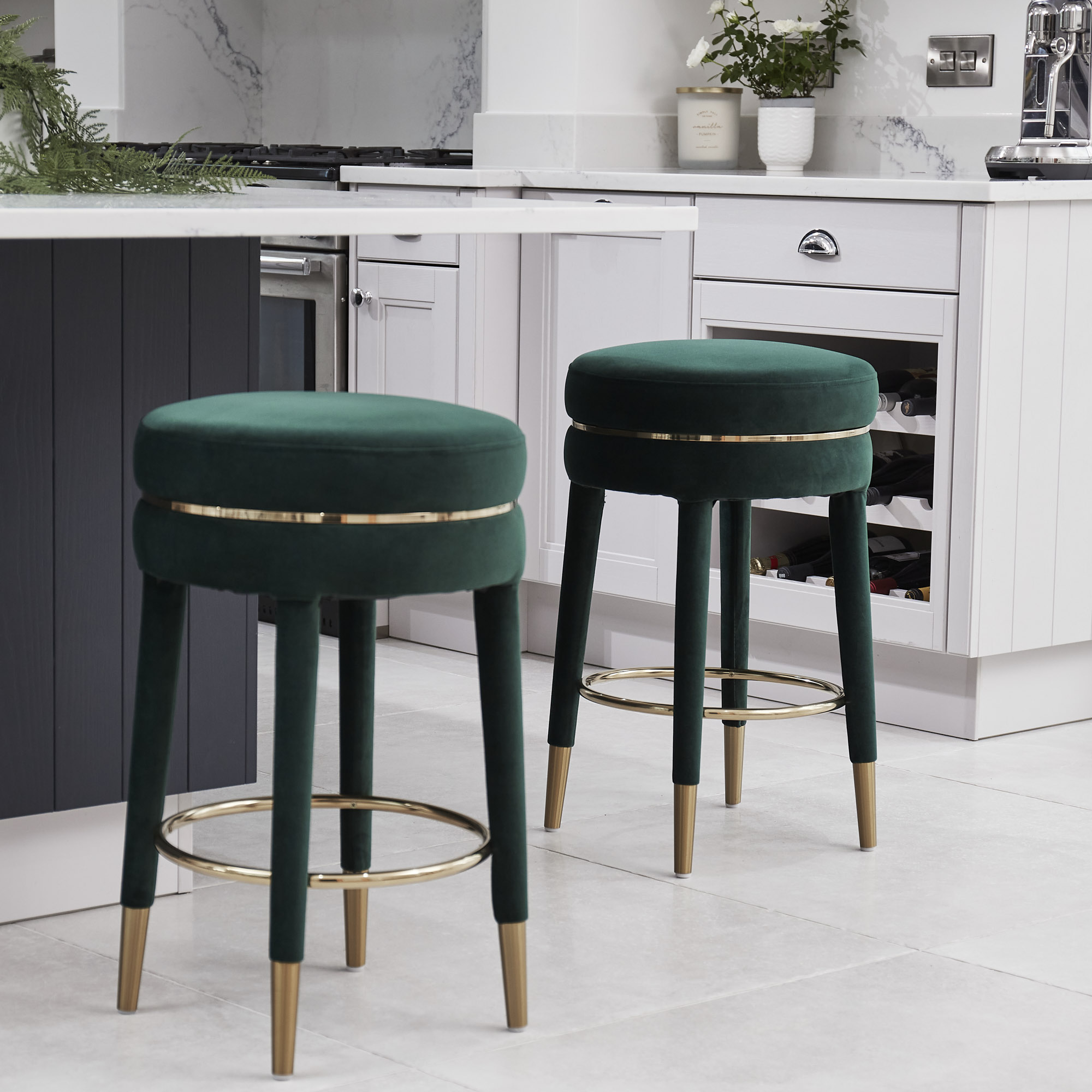 Isabel Dark Green Velvet Counter Bar Stool with Gold Trim Footrest