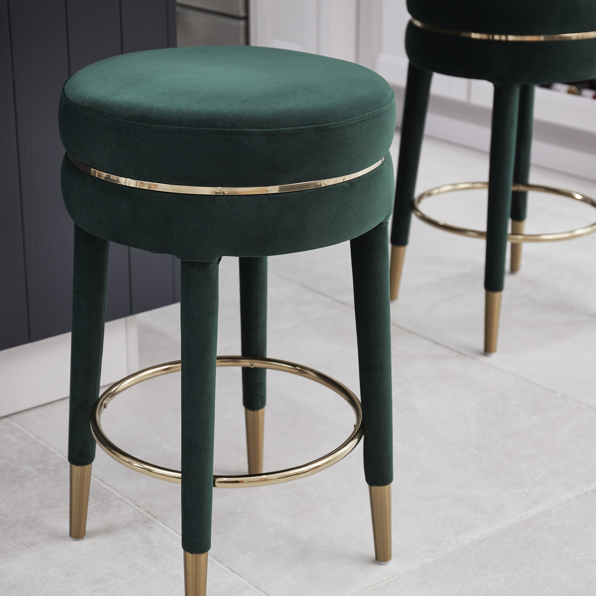 Isabel Dark Green Velvet Counter Bar Stool with Gold Trim Footrest