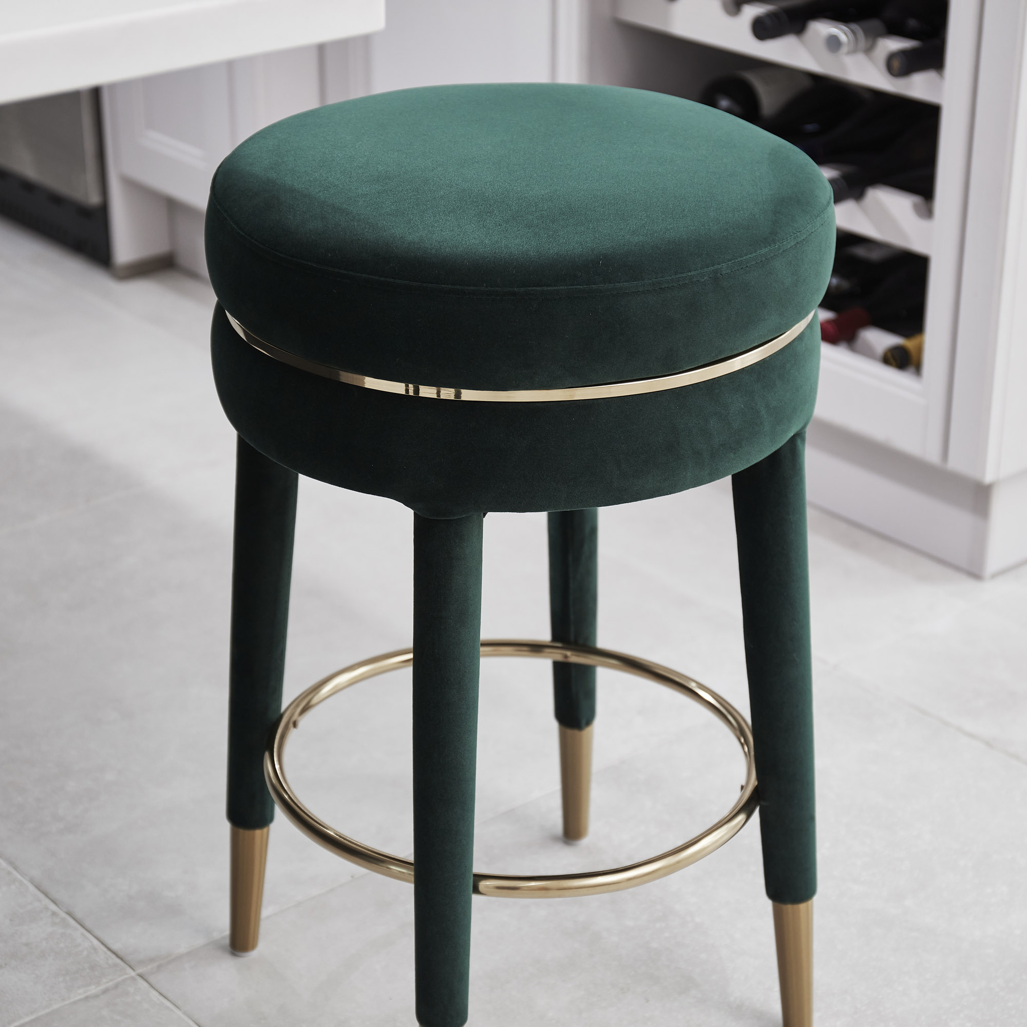 Isabel Dark Green Velvet Counter Bar Stool with Gold Trim Footrest