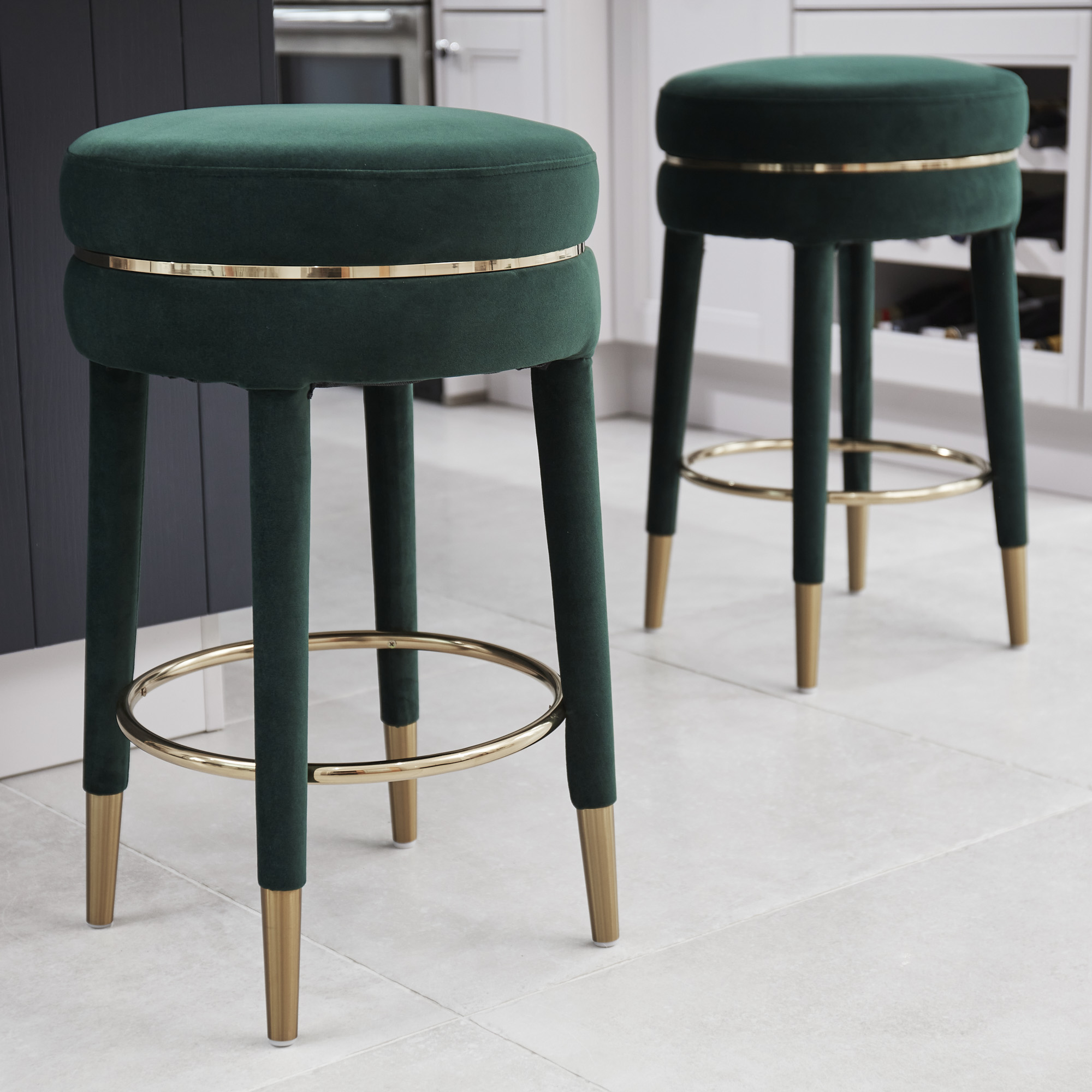 Isabel Dark Green Velvet Counter Bar Stool with Gold Trim Footrest