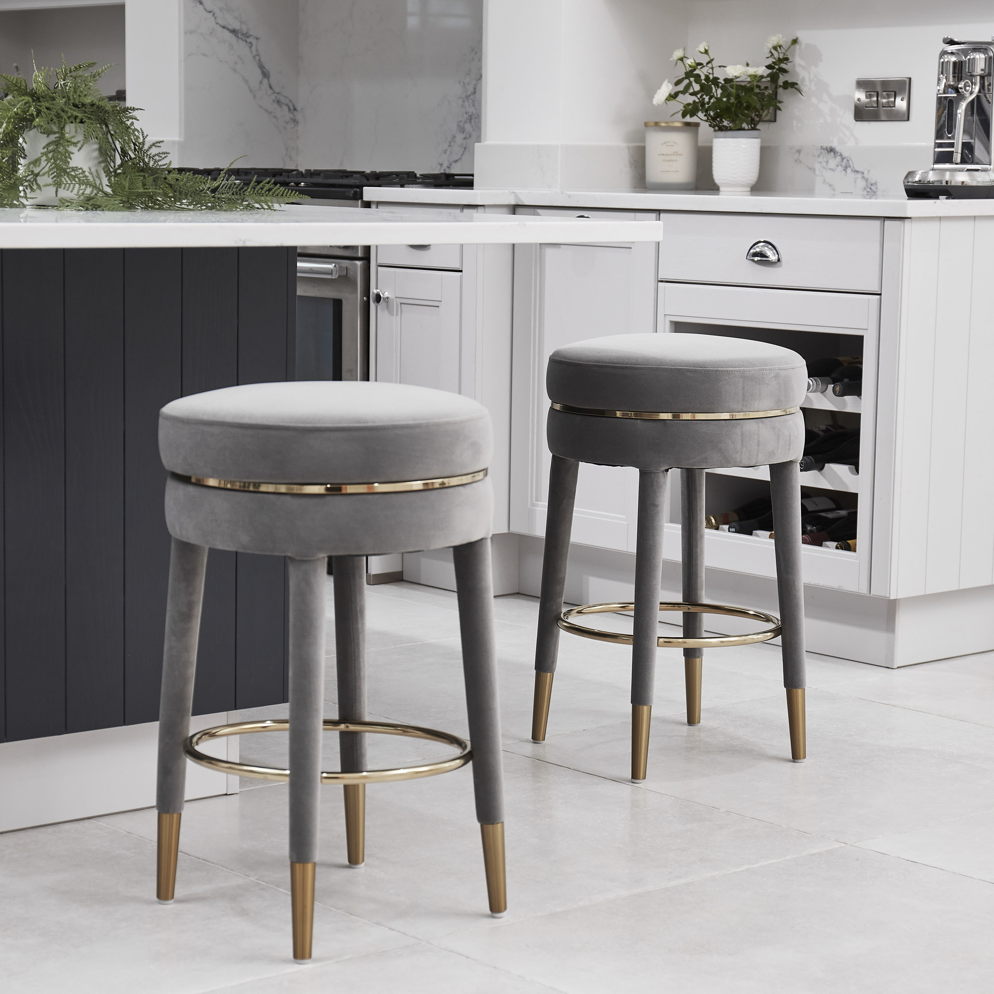 Isabel Grey Velvet Counter Bar Stool with Gold Trim Footrest