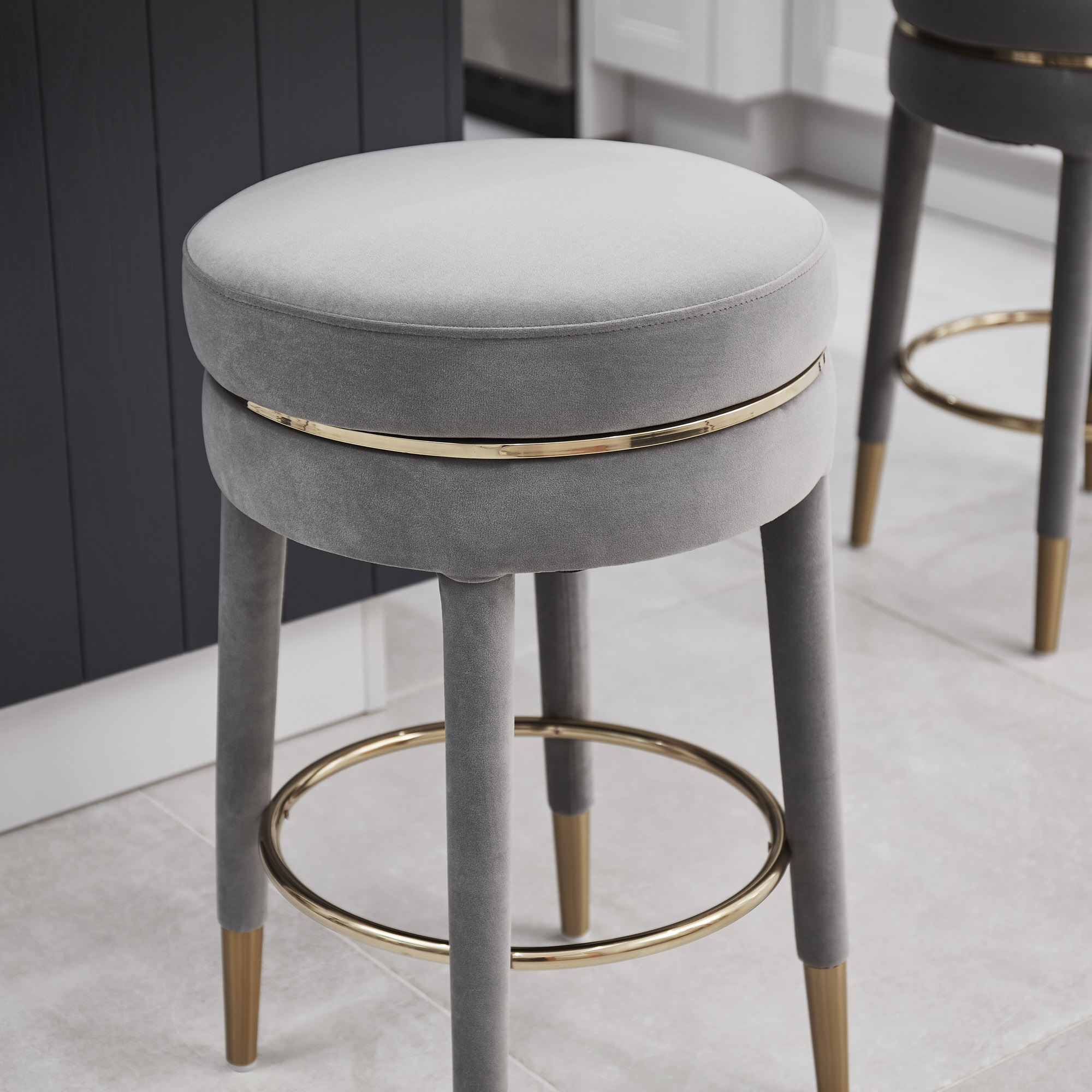 Isabel Grey Velvet Counter Bar Stool with Gold Trim Footrest