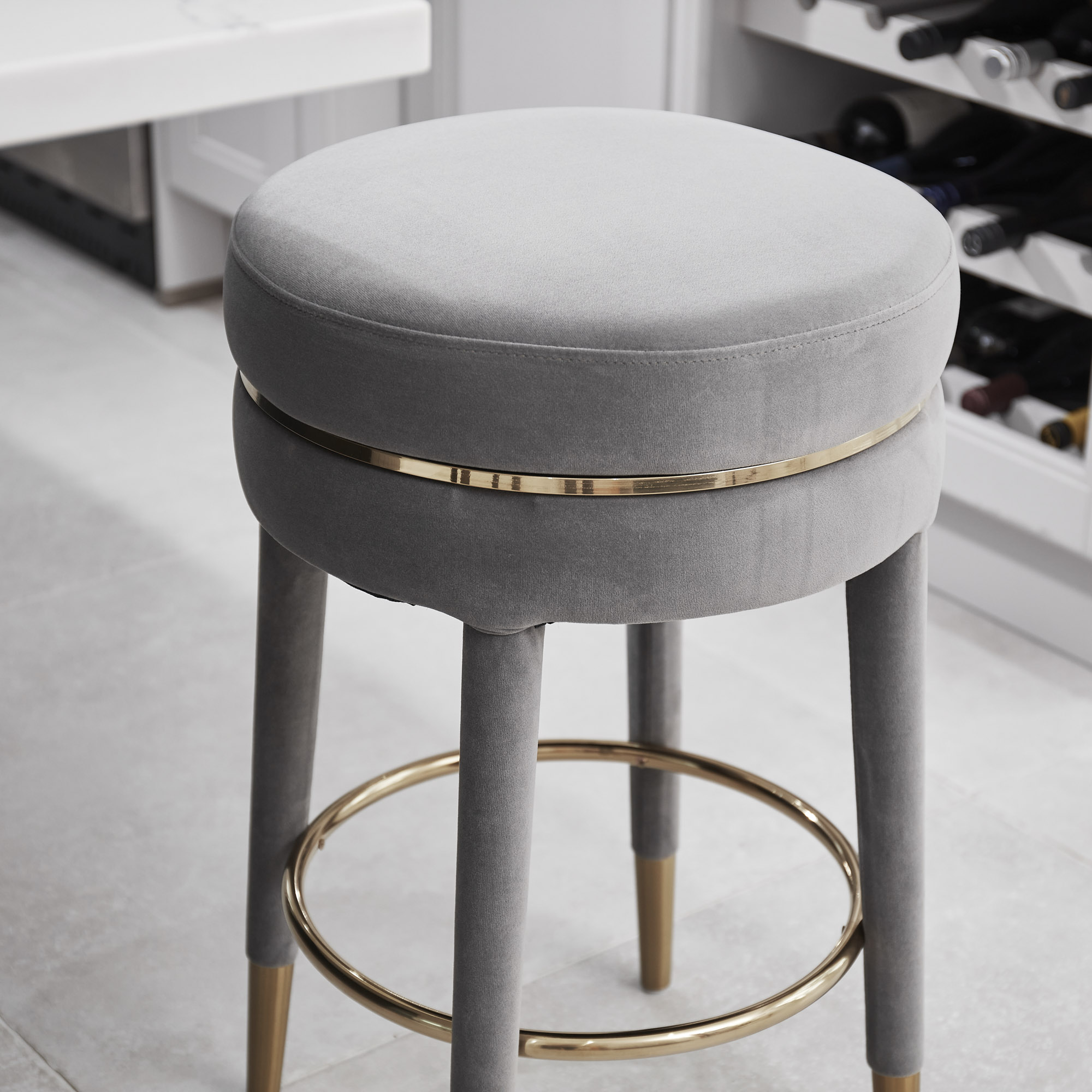 Isabel Grey Velvet Counter Bar Stool with Gold Trim Footrest