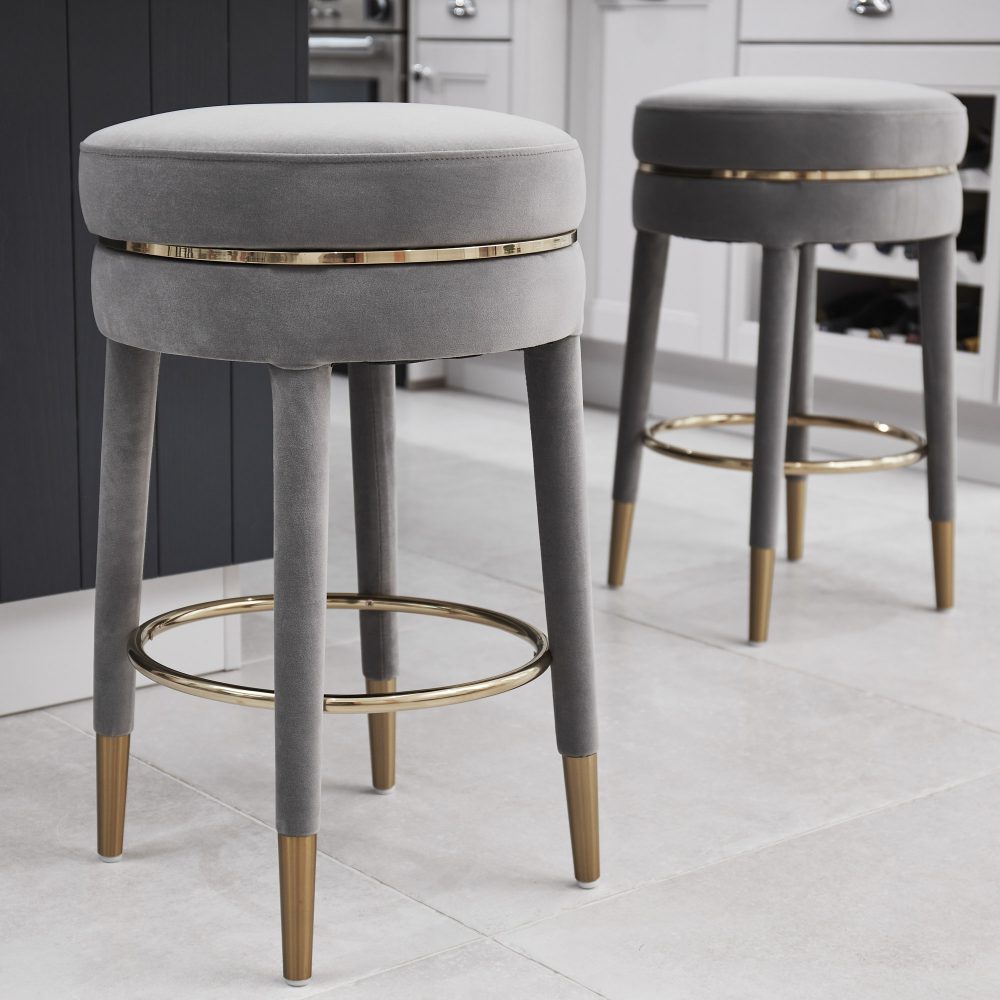 Isabel Grey Velvet Counter Bar Stool with Gold Trim Footrest - Image 3
