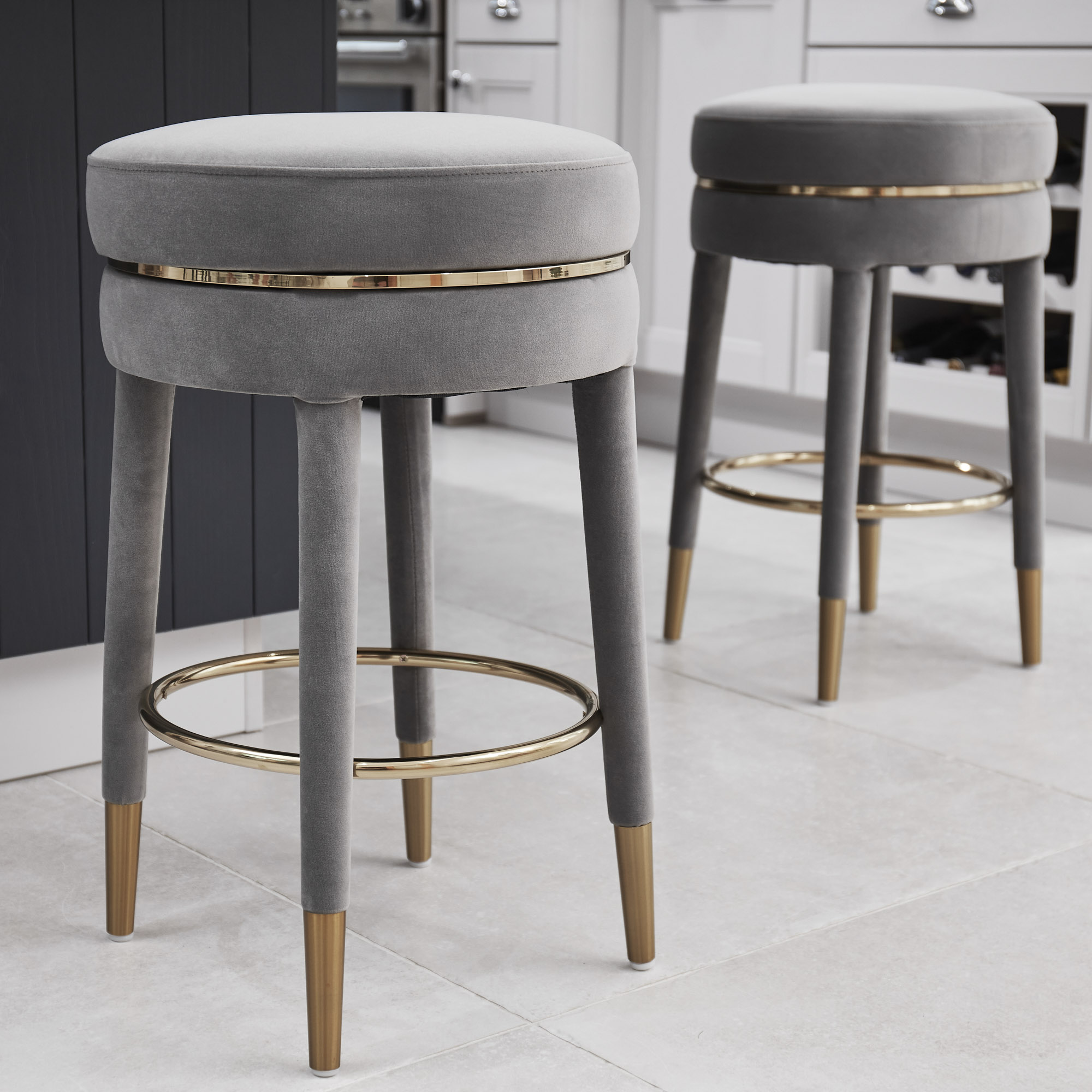 Isabel Grey Velvet Counter Bar Stool with Gold Trim Footrest