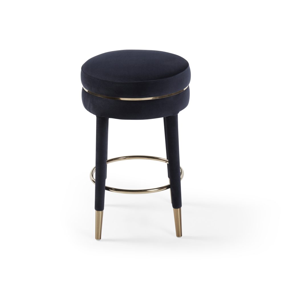Isabel Dark Blue Velvet Counter Bar Stool with Gold Trim Footrest - Image 6