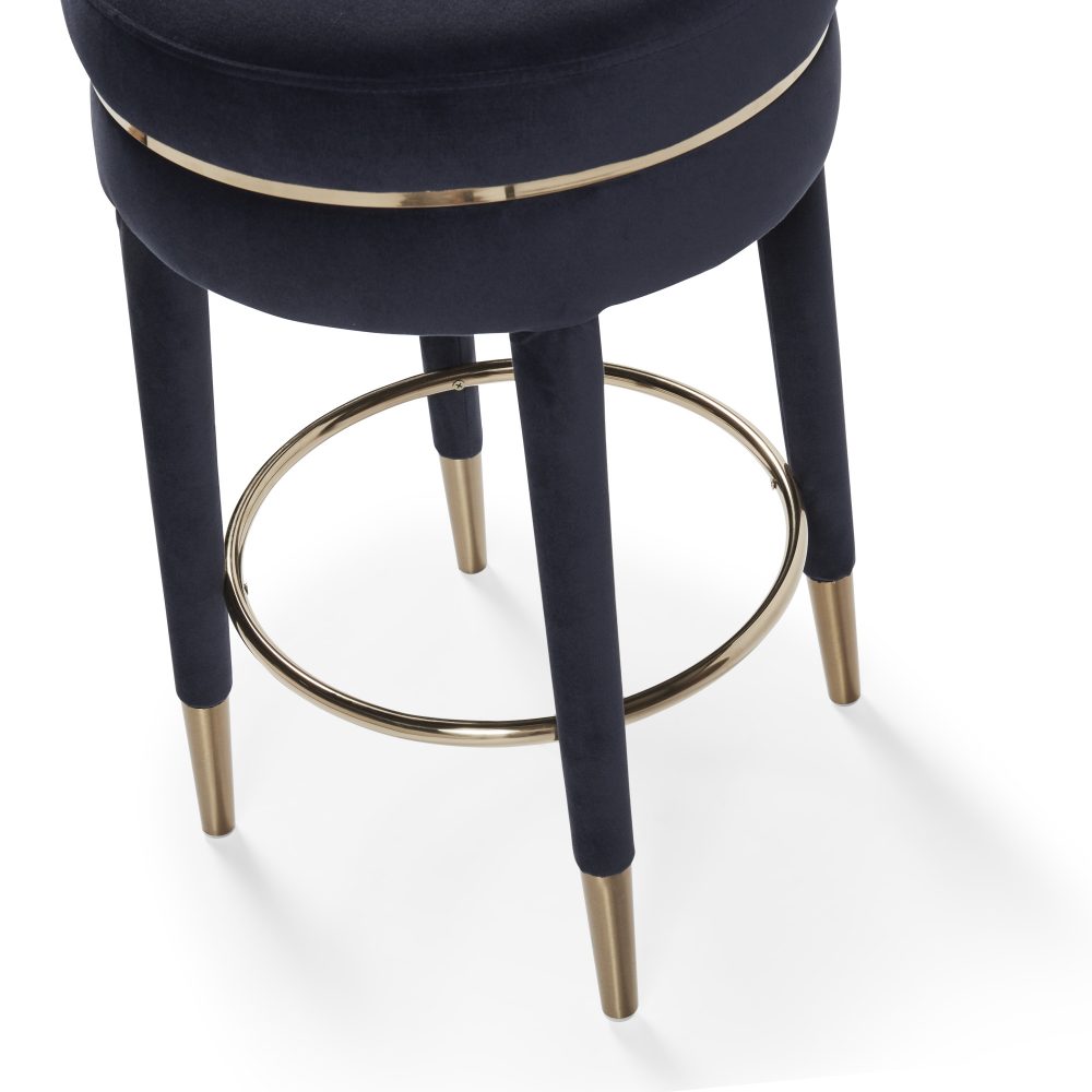 Isabel Dark Blue Velvet Counter Bar Stool with Gold Trim Footrest - Image 10