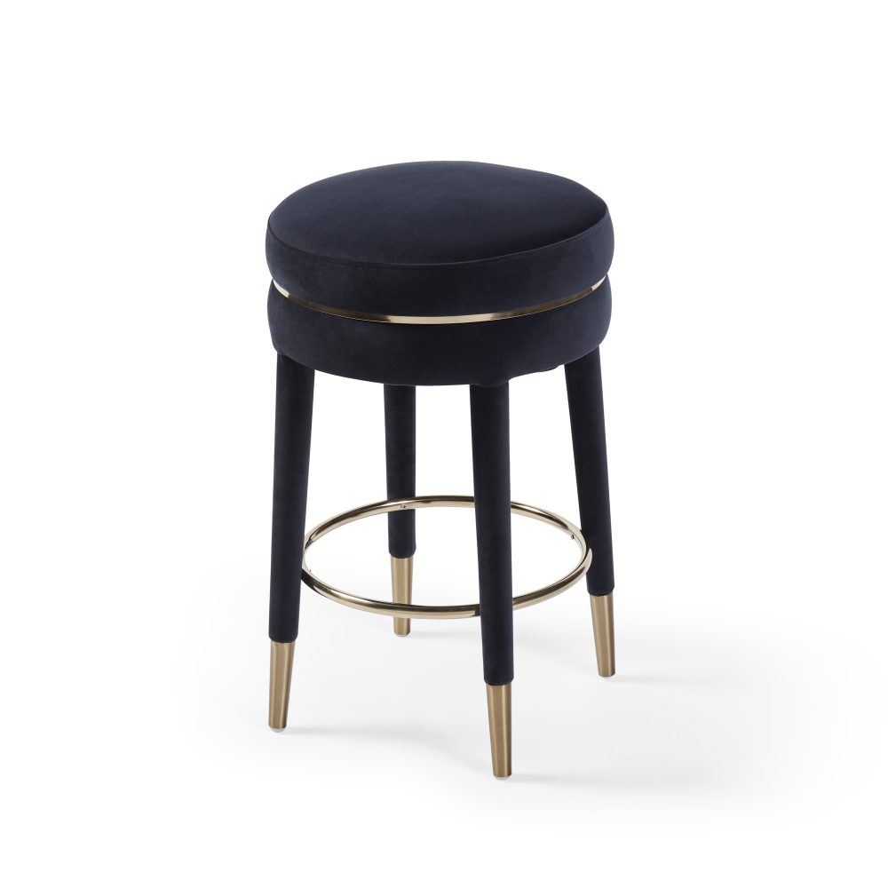 Isabel Dark Blue Velvet Counter Bar Stool with Gold Trim Footrest - Image 7
