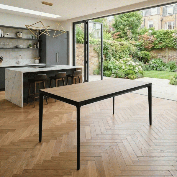 Bellagio 160cm Natural Oak Melamine Dining Table with Black Contemporary Base