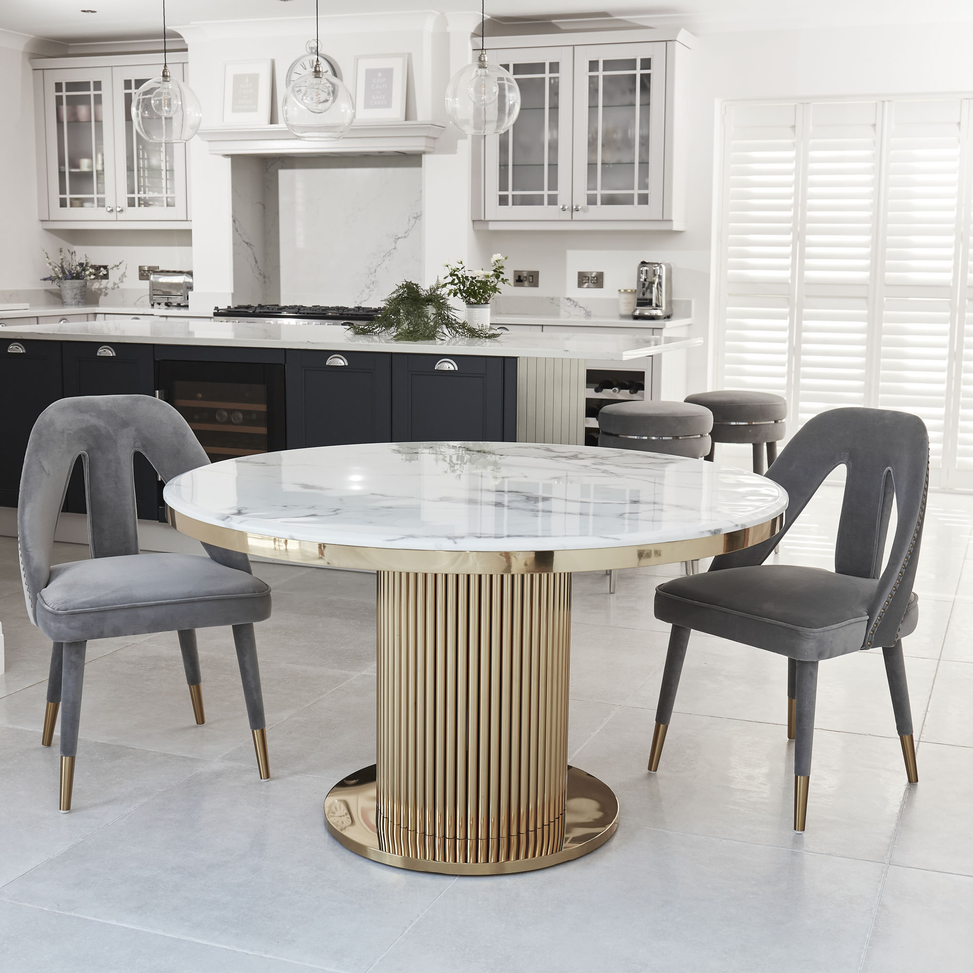 1.3M Circular Pedestal Gold Stainless Steel Dining Table with White Marble Effect