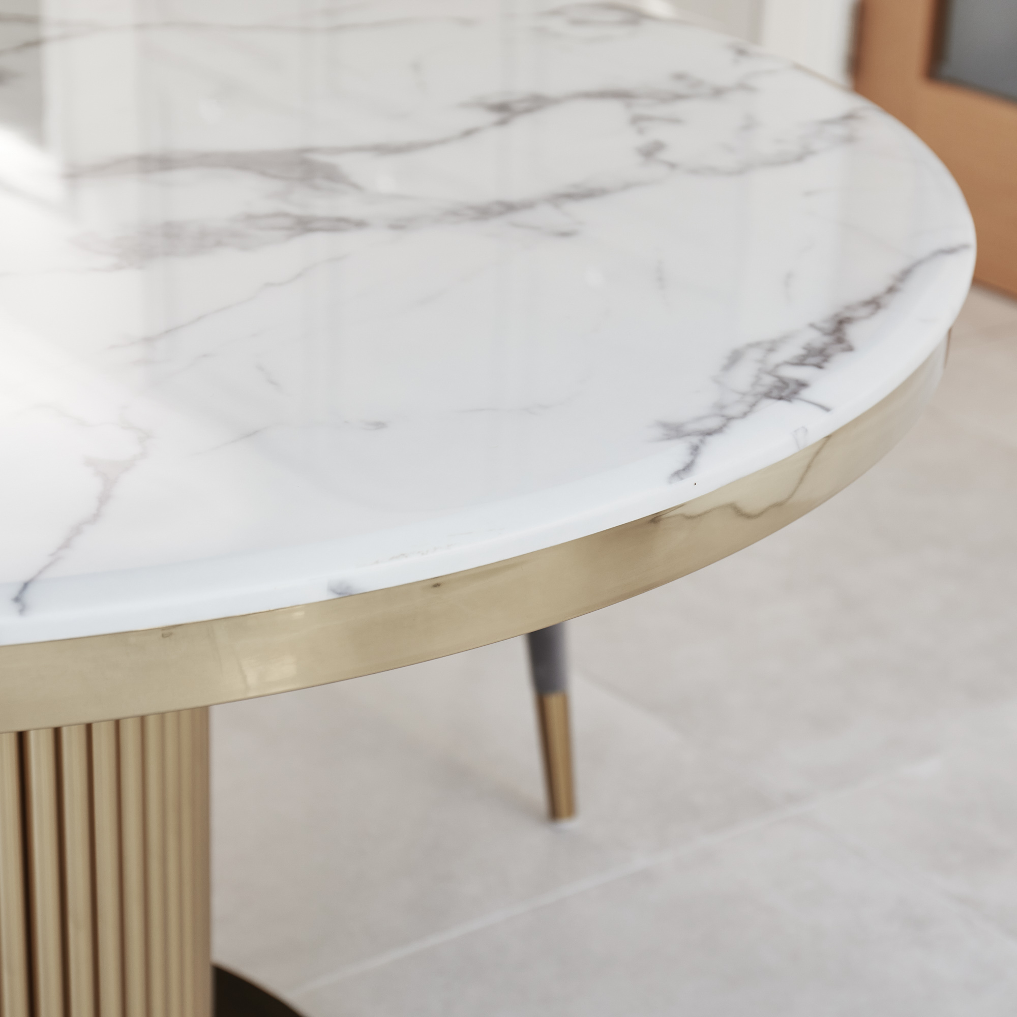 1.5M Circular Pedestal Gold Stainless Steel Dining Table with White Marble Effect