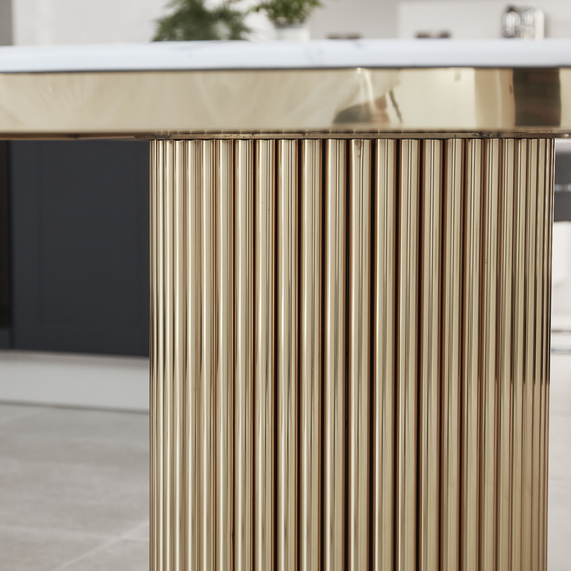 1.3M Circular Gold Pedestal Stainless Steel Dining Table with White Marble Top