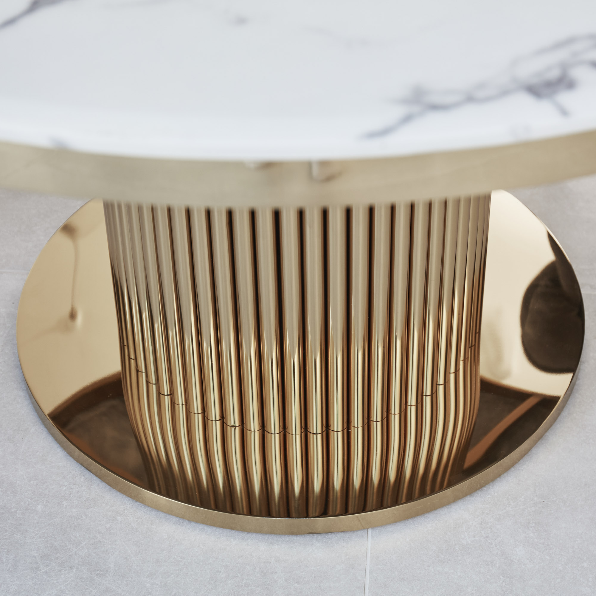 1.5M Circular Pedestal Gold Stainless Steel Dining Table with White Marble Effect