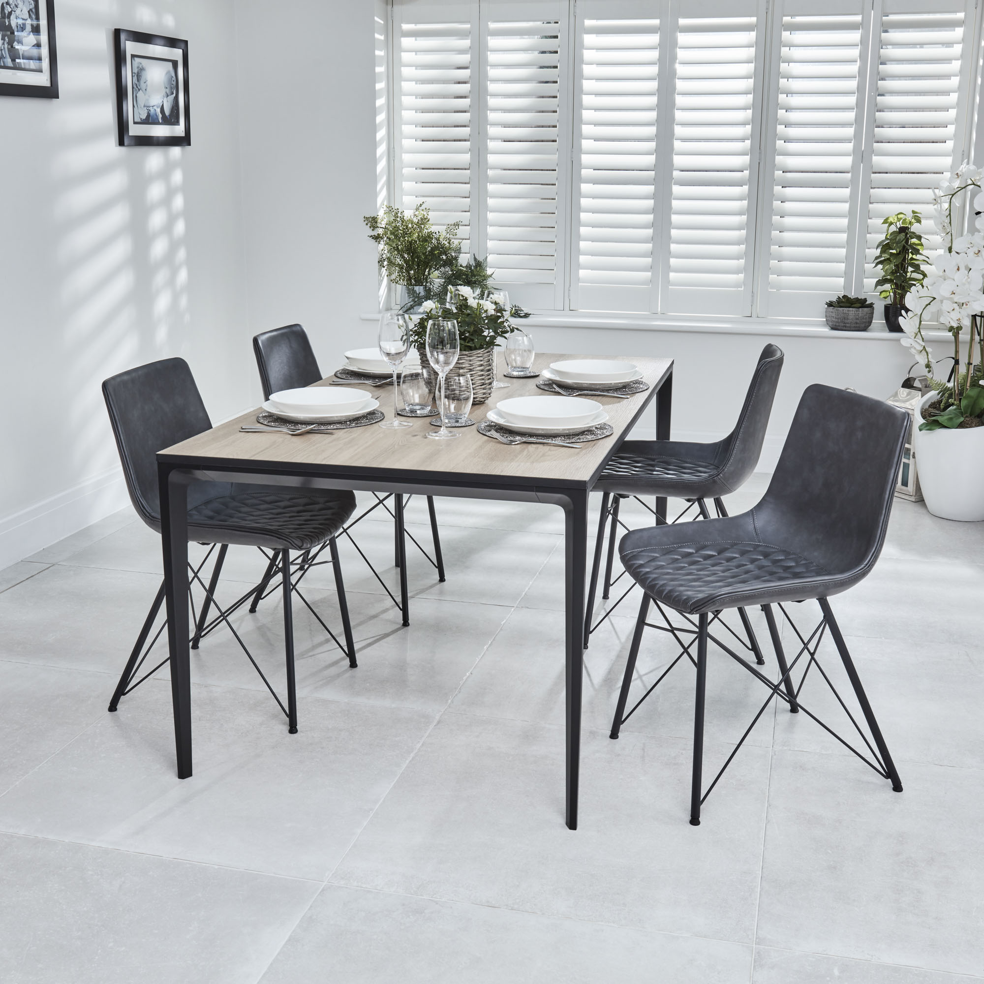 Bellagio 1.6M Natural Oak Melamine Dining Table Set with 4x Leon Grey Dining Chairs