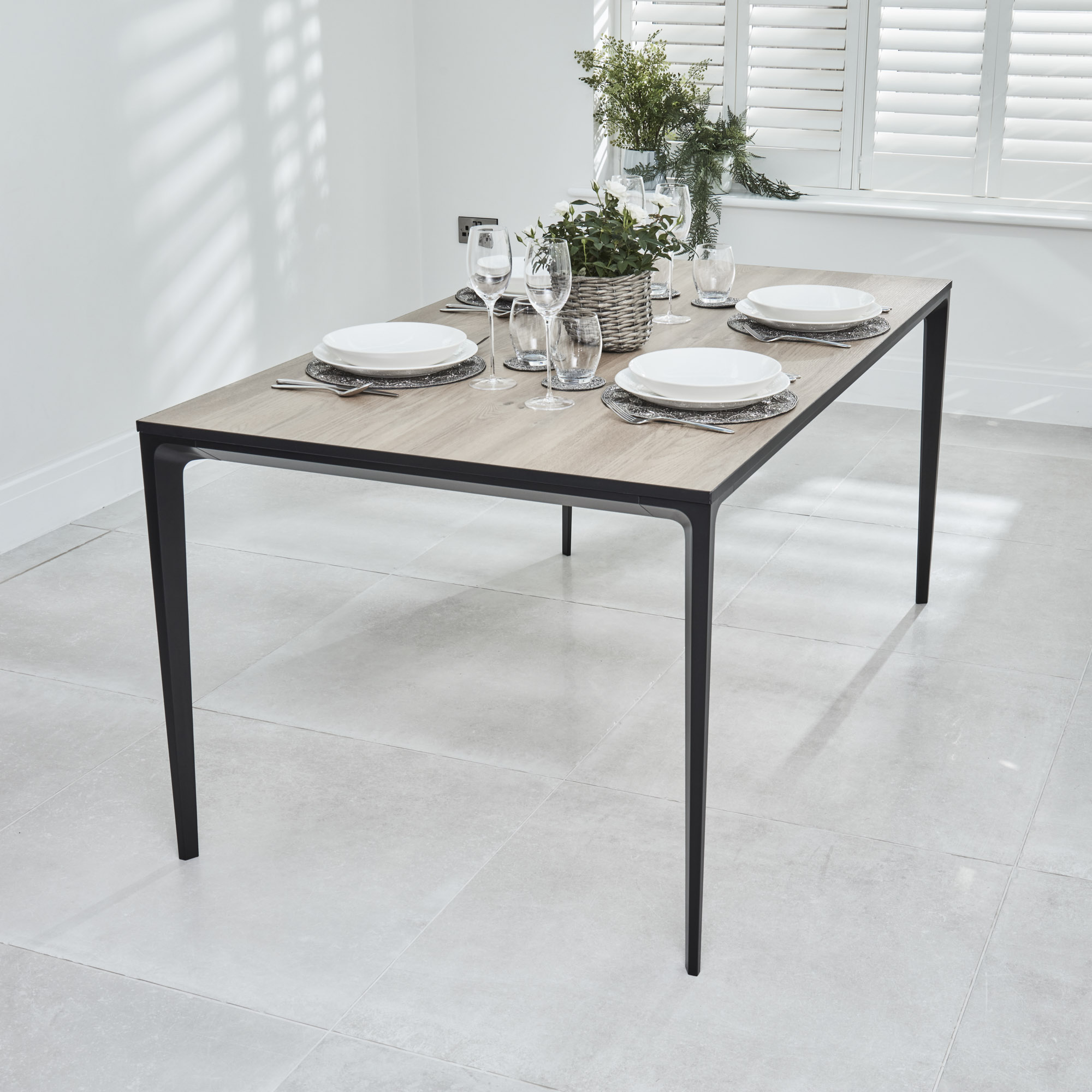 Bellagio 160cm Natural Oak Melamine Dining Table with Black Contemporary Base