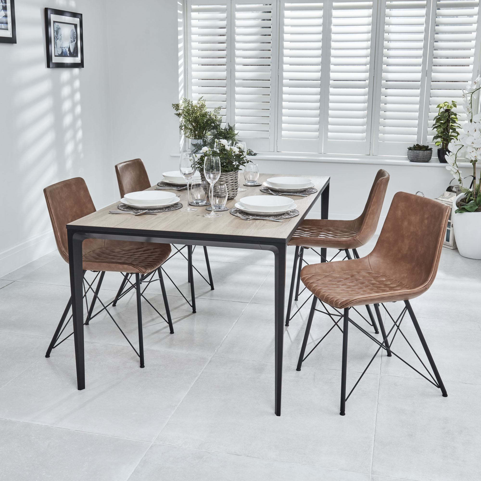 Bellagio 1.6M Natural Oak Melamine Dining Table Set with 4x Leon Tan Dining Chairs