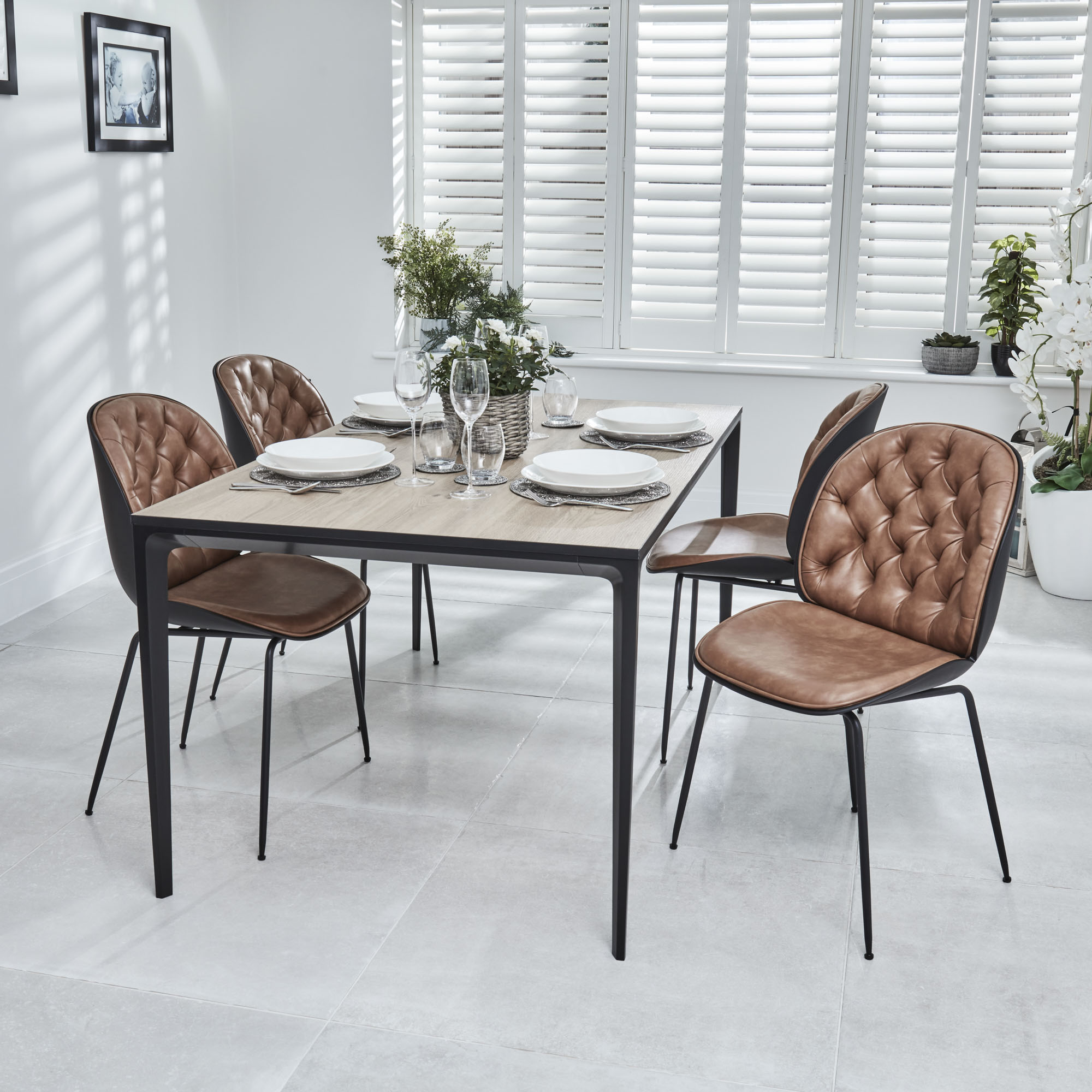 Bellagio 1.6M Natural Oak Melamine Dining Table Set with 4x Thiago Tan Dining Chairs