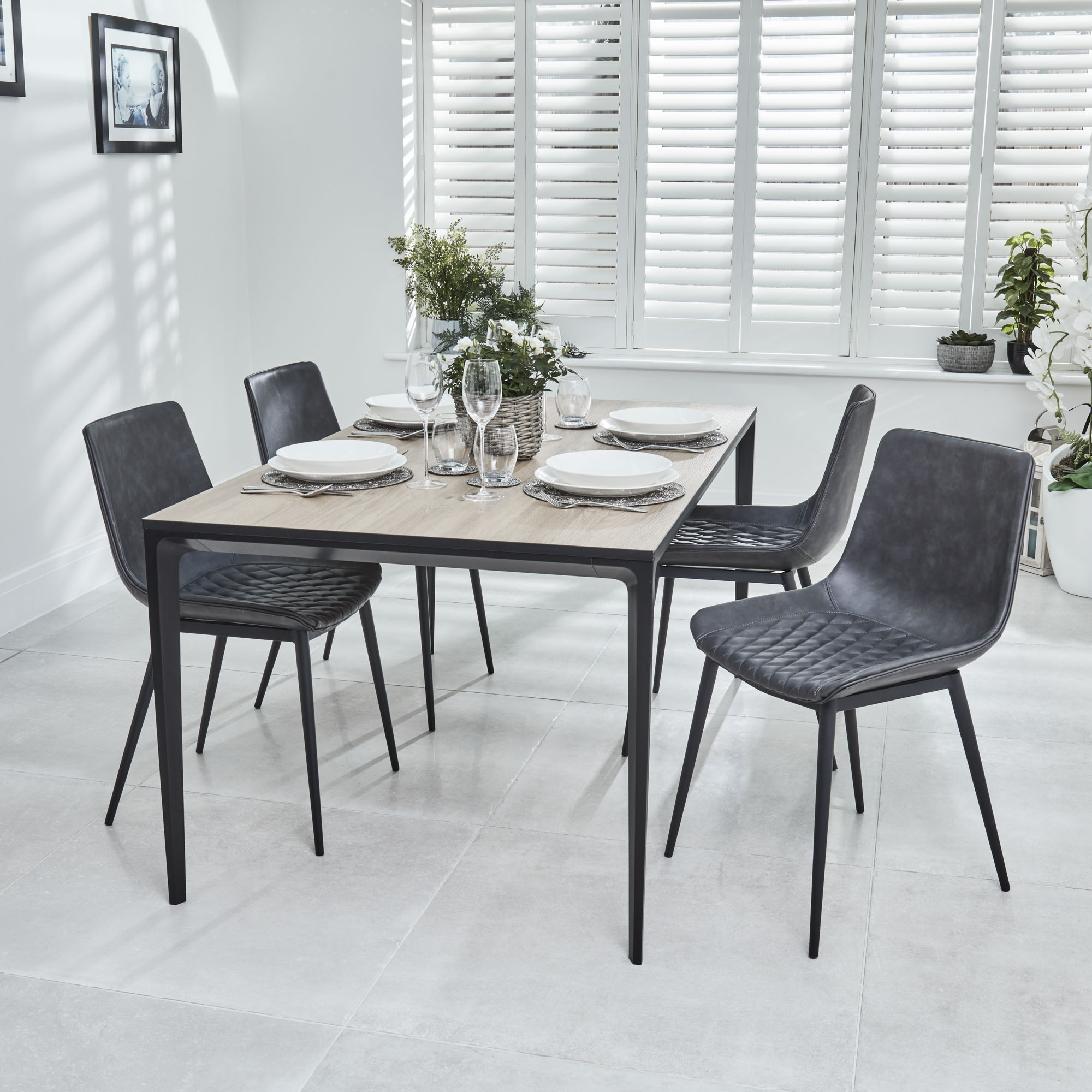 Bellagio 1.6M Natural Oak Melamine Dining Table with 4x Leo Grey Dining Chairs