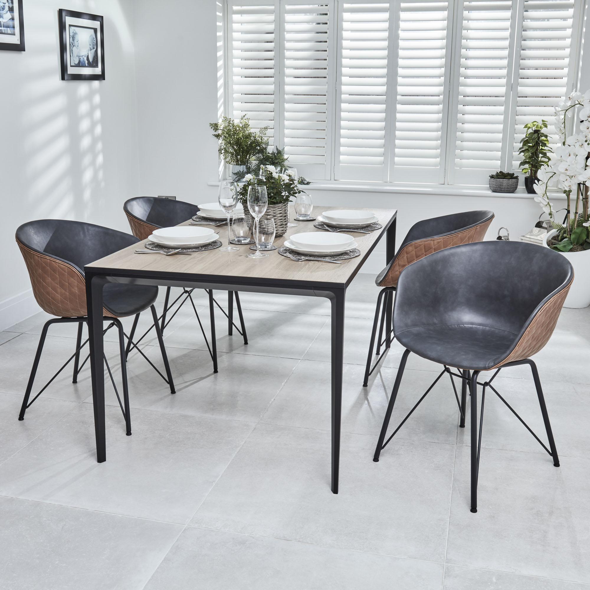 Bellagio 1.6M Natural Oak Melamine Dining Table Set with 4x Camila Grey/Tan Dining Chairs