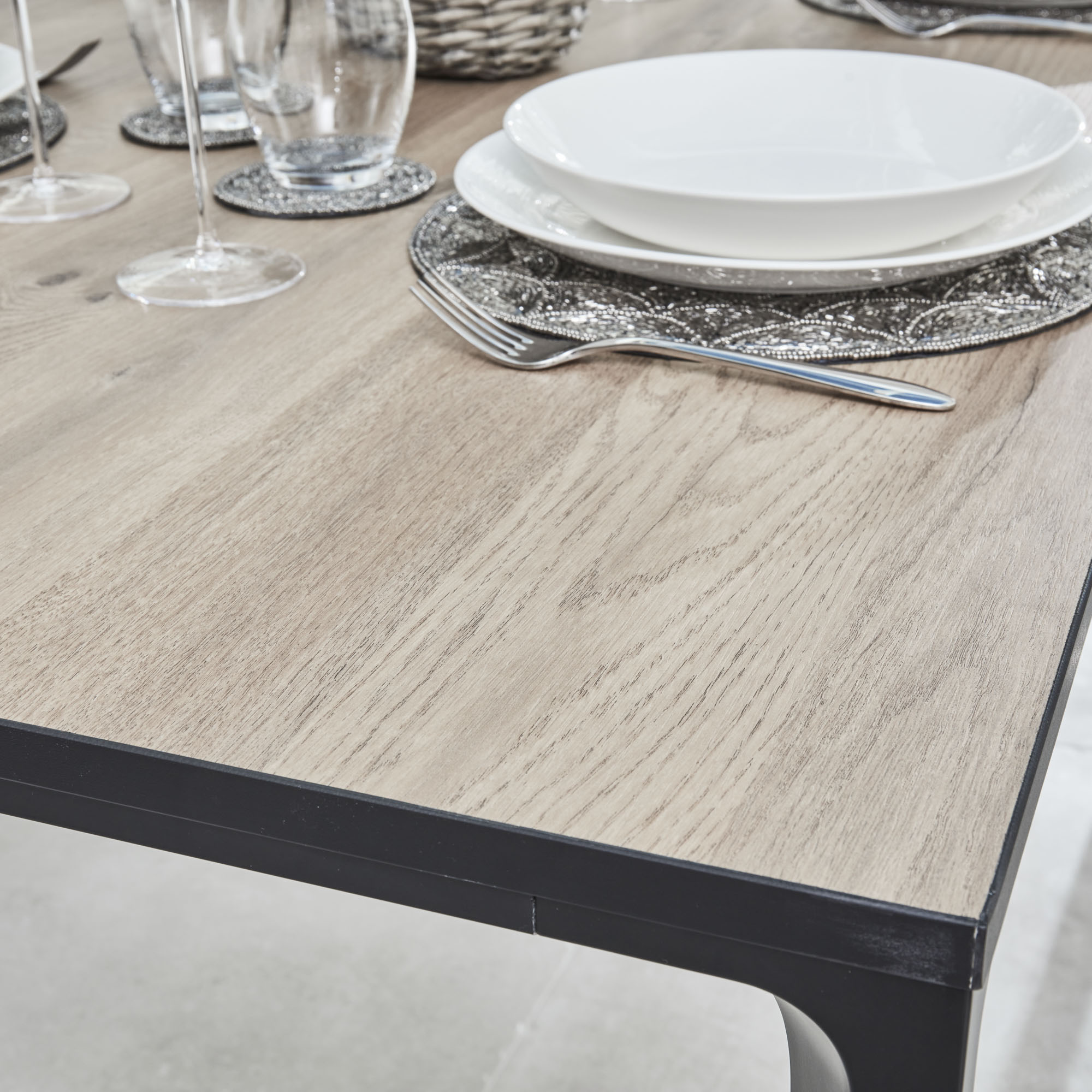 Bellagio 160cm Natural Oak Melamine Dining Table with Black Contemporary Base