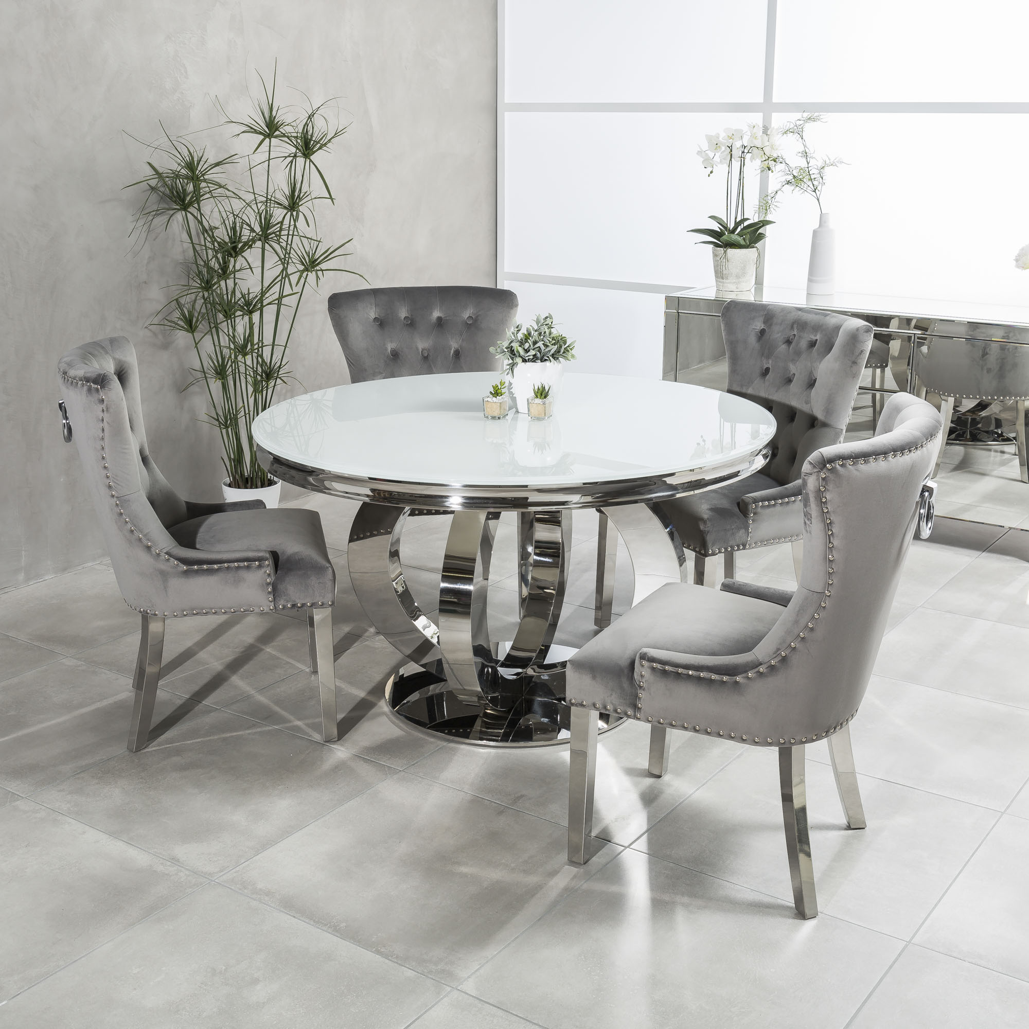 1.3m Circular Polished Steel Dining White Glass Table Set with 4 Wingback Grey Brushed Velvet Dining Chairs