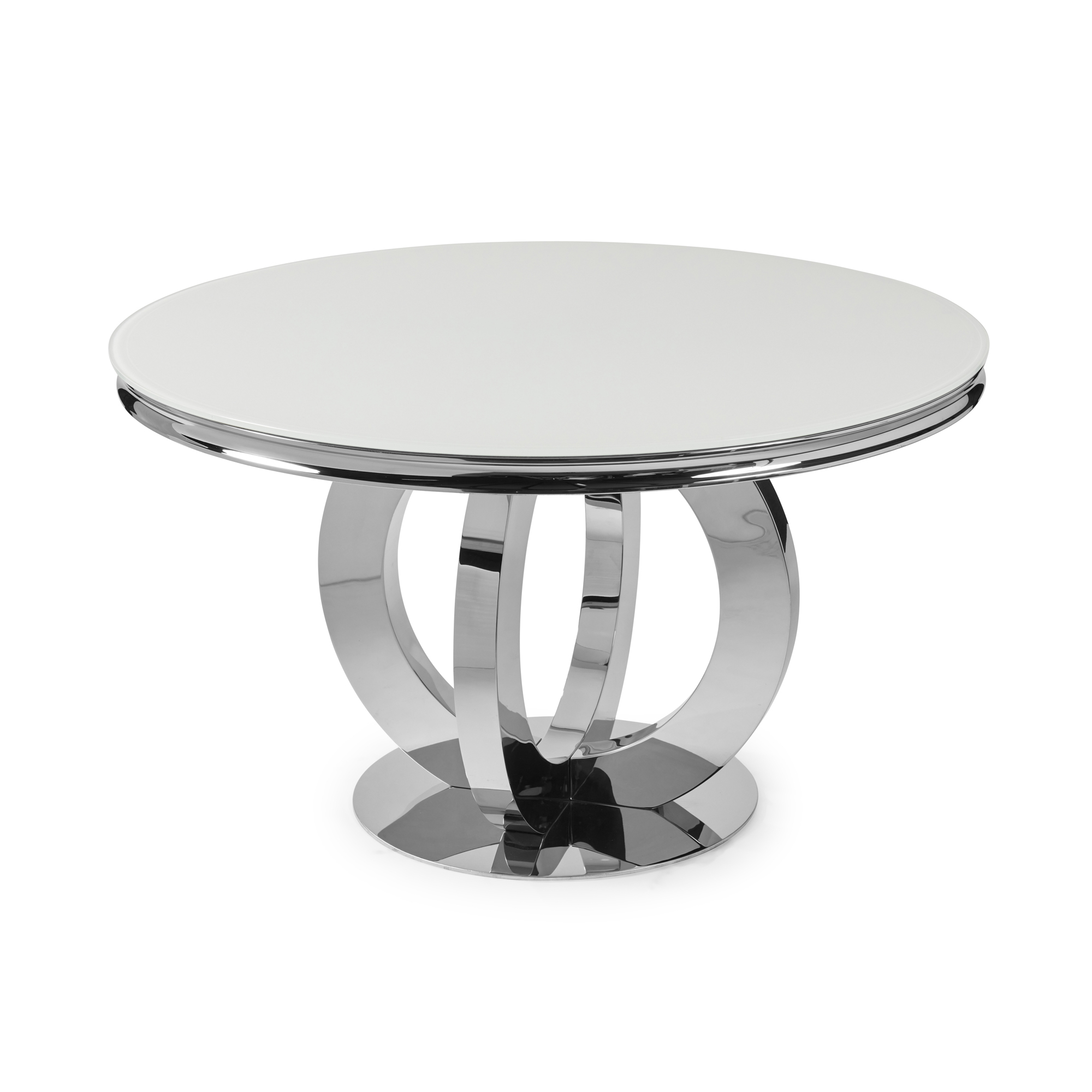 1.3m Circular Polished Steel Dining White Glass Table Set with 4 Wingback Dove Grey Brushed Velvet Dining Chairs