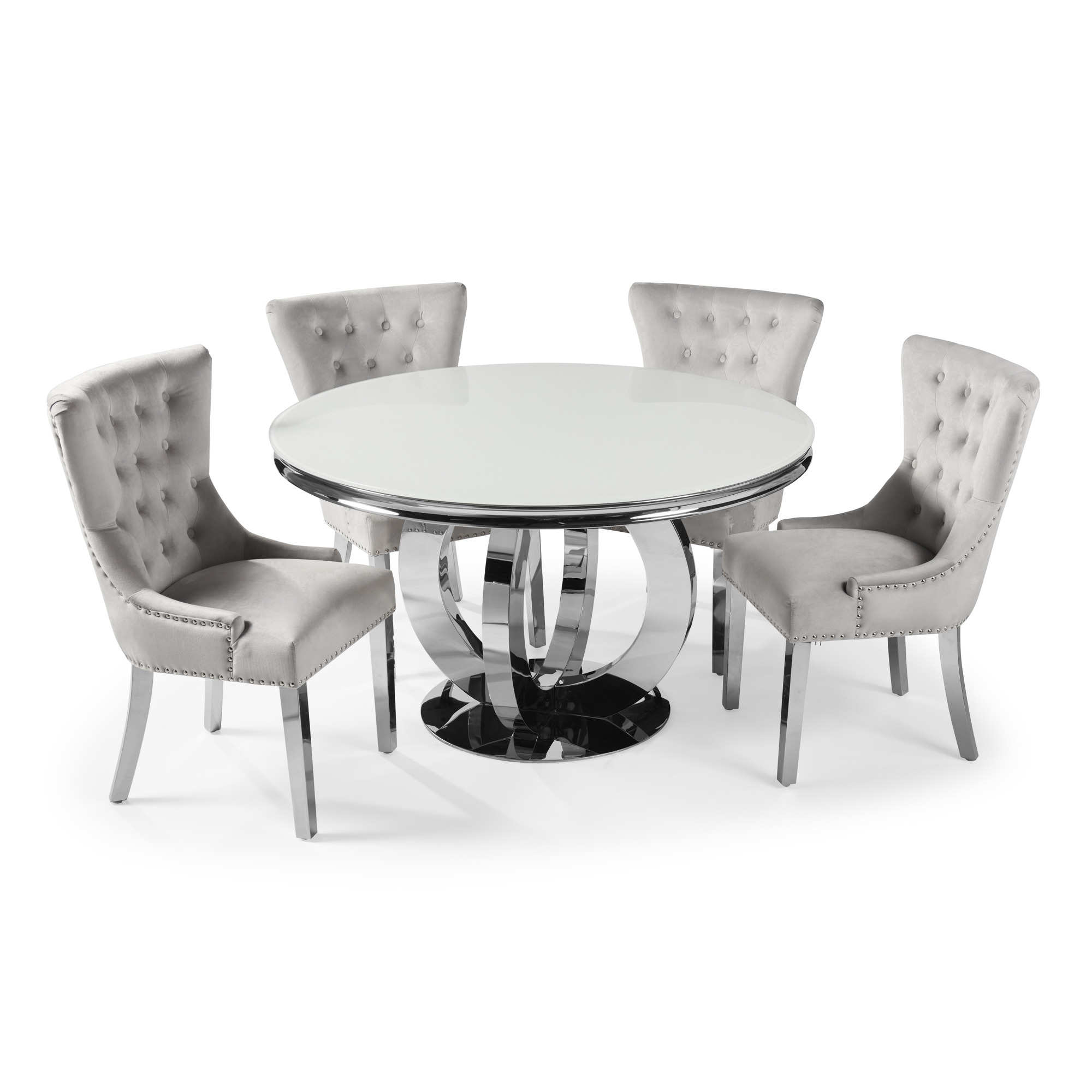 1.3m Circular Polished Steel Dining White Glass Table Set with 4 Wingback Dove Grey Brushed Velvet Dining Chairs