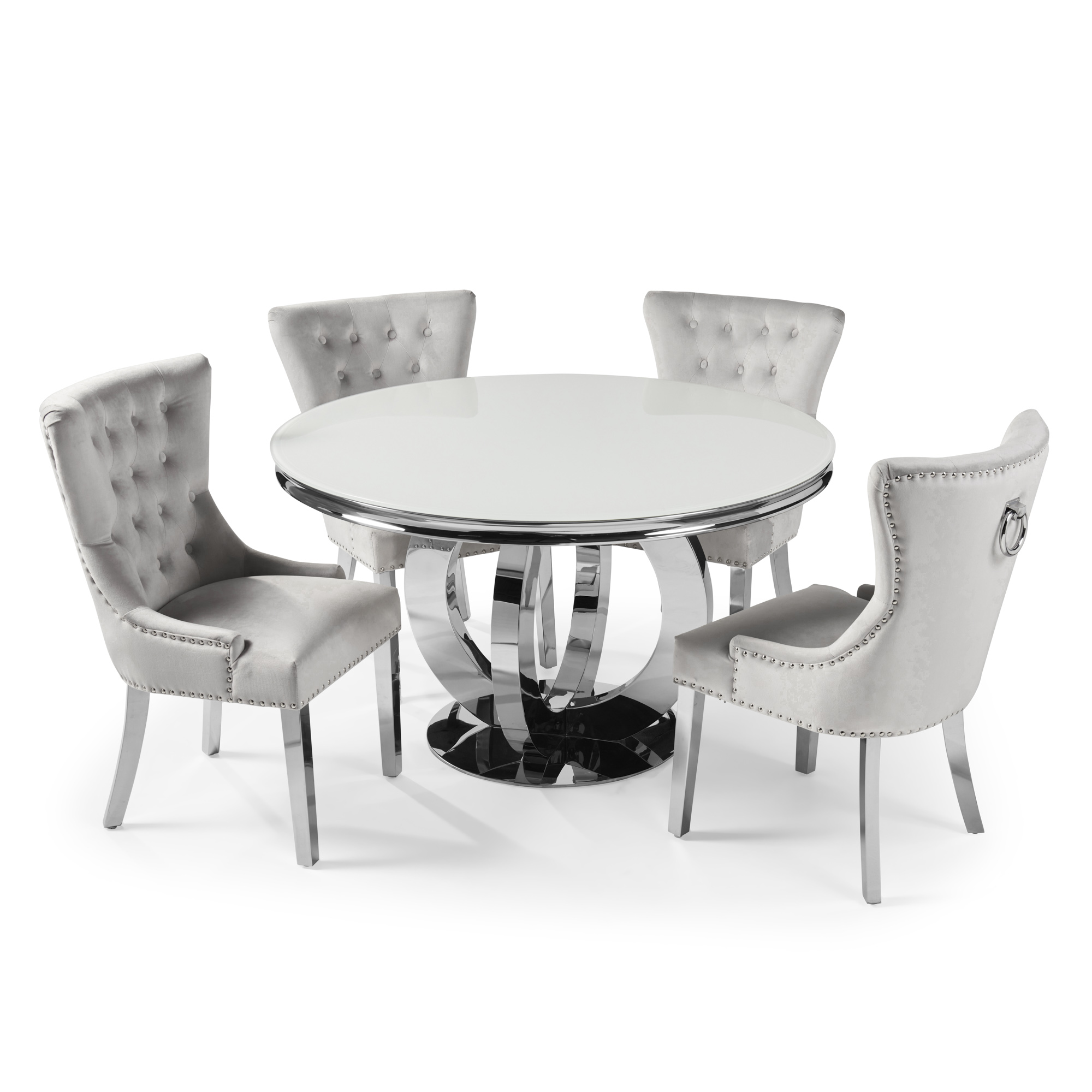 1.3m Circular Polished Steel Dining White Glass Table Set with 4 Wingback Dove Grey Brushed Velvet Dining Chairs