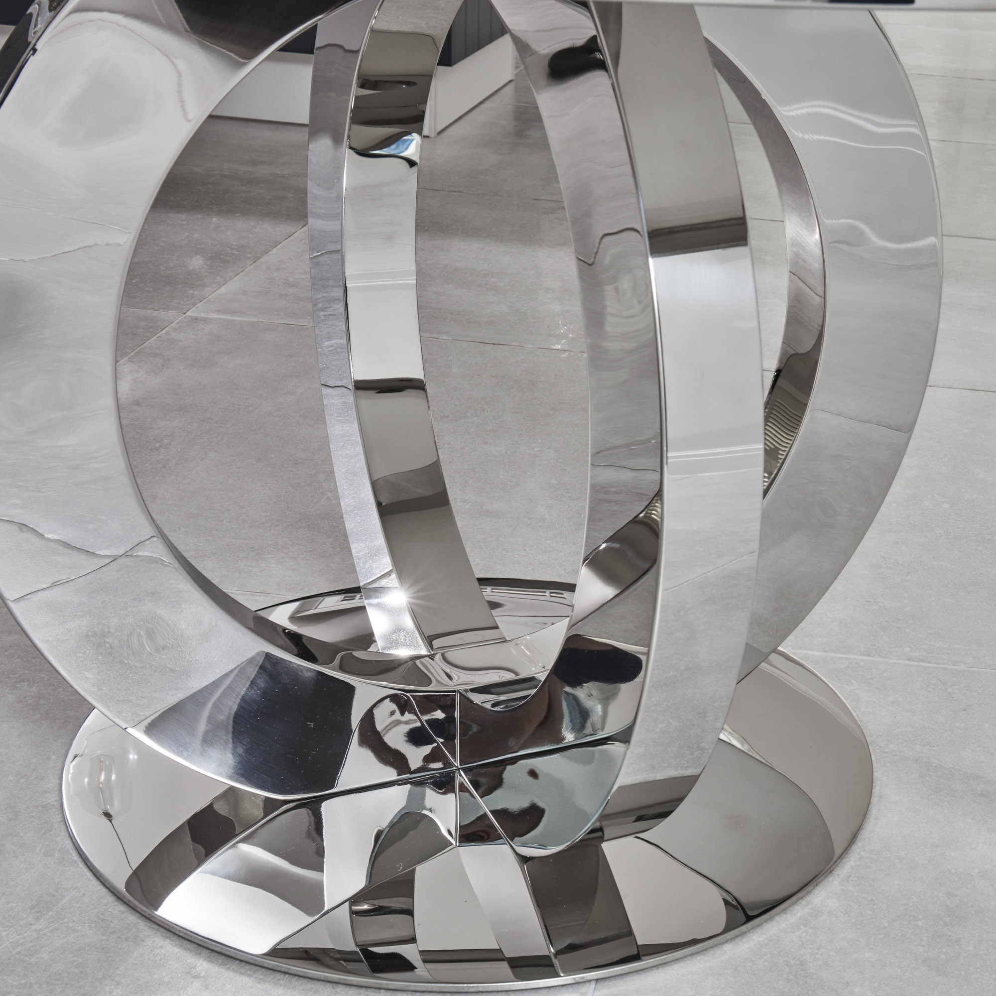 1.3m Round Glass Dining Table in White With Polished Steel Base