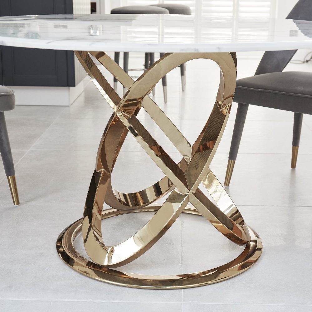 1.3M Pedestal Polished Circular Gold Stainless Steel Dining Table with White Marble Top - Image 4