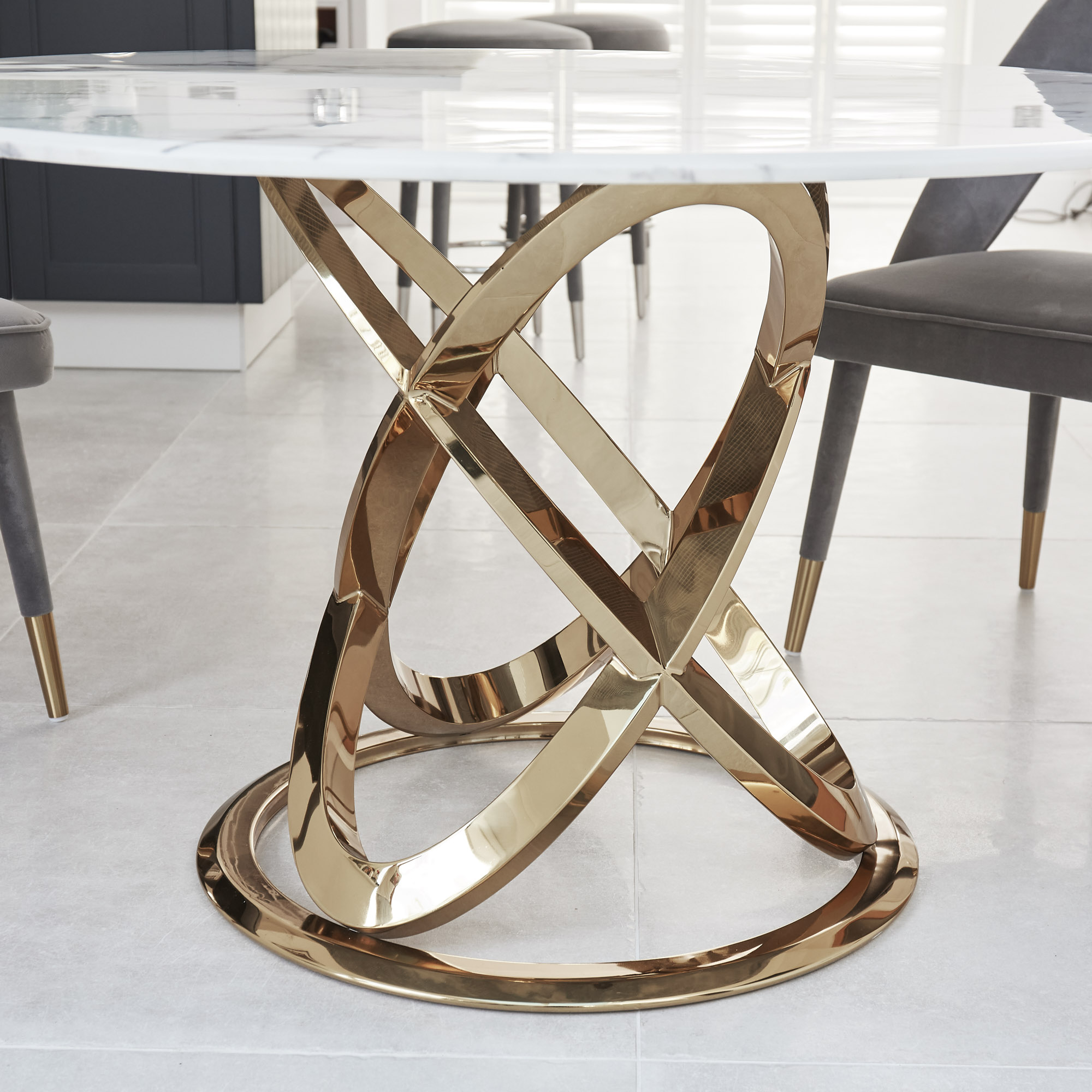 1.3M Pedestal Polished Circular Gold Stainless Steel Dining Table with White Marble Top