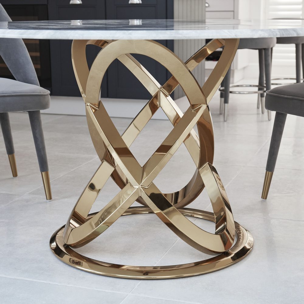 1.3M Pedestal Polished Circular Gold Stainless Steel Dining Table with White Marble Top - Image 3