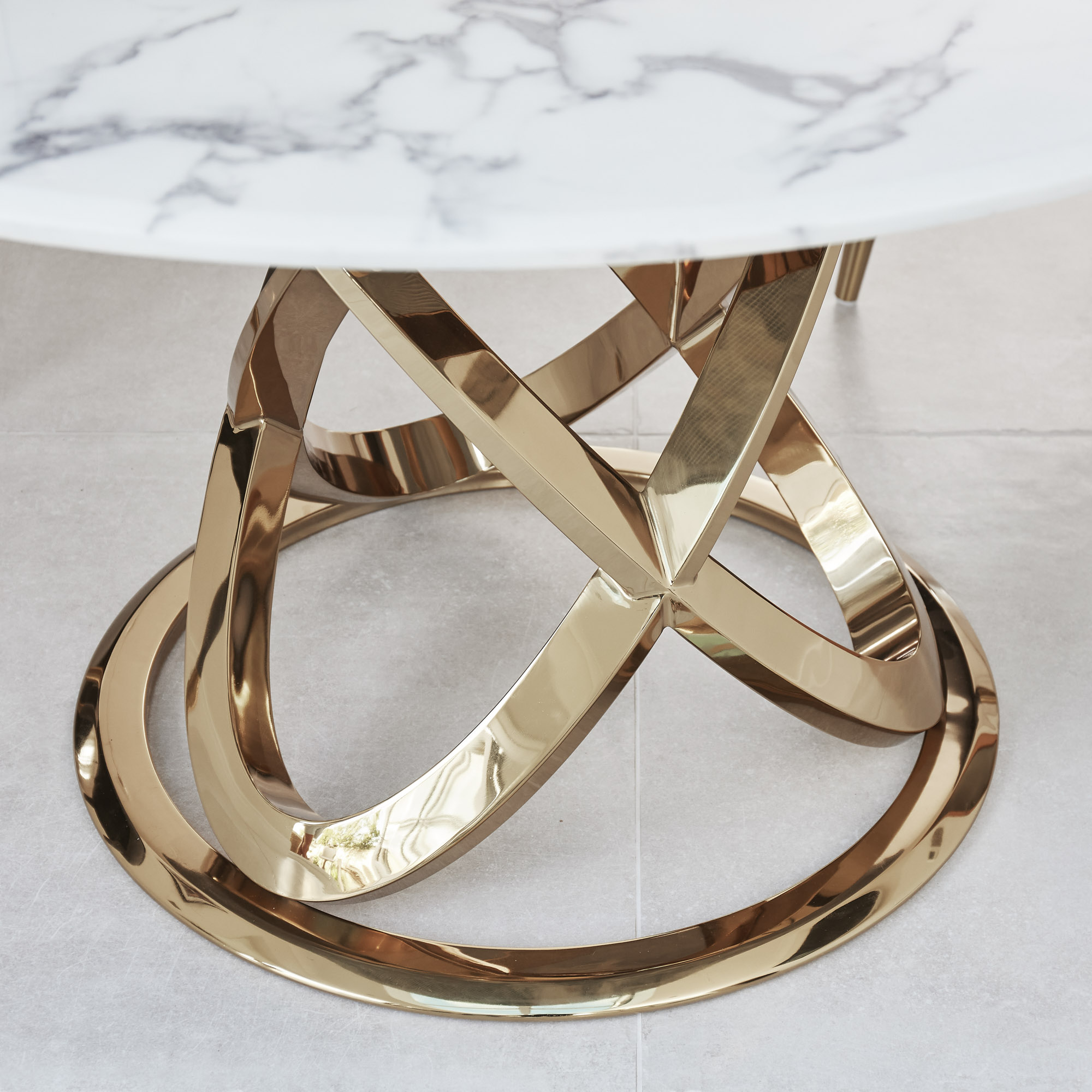 1.3M Pedestal Polished Circular Gold Stainless Steel Dining Table with White Marble Top