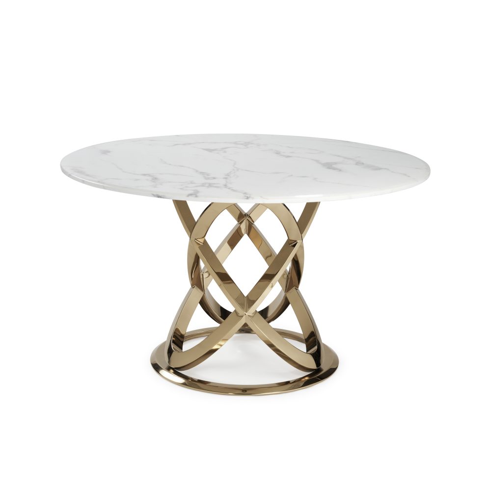1.3M Pedestal Polished Circular Gold Stainless Steel Dining Table with White Marble Top - Image 7