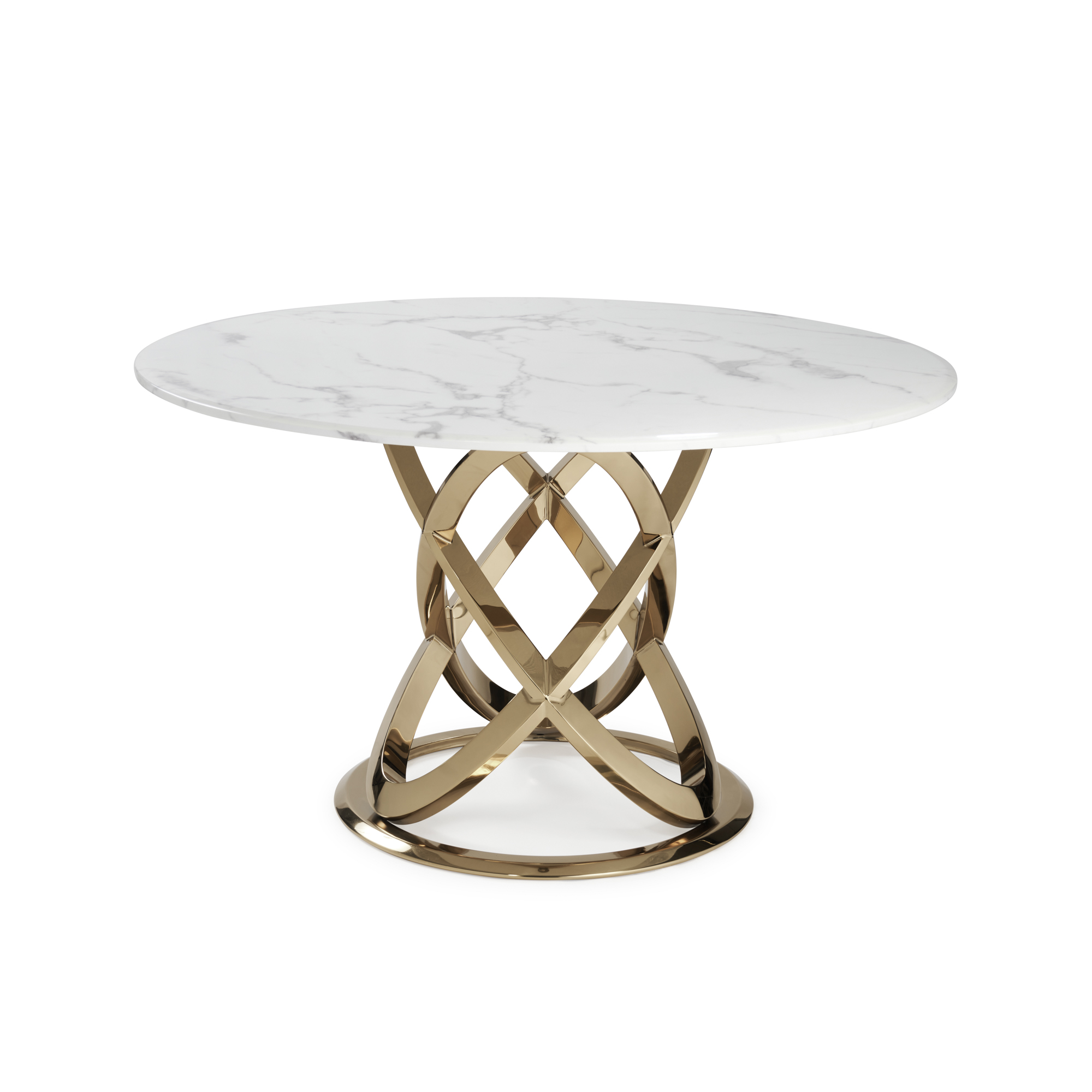 1.3M Pedestal Polished Circular Gold Stainless Steel Dining Table with White Marble Top