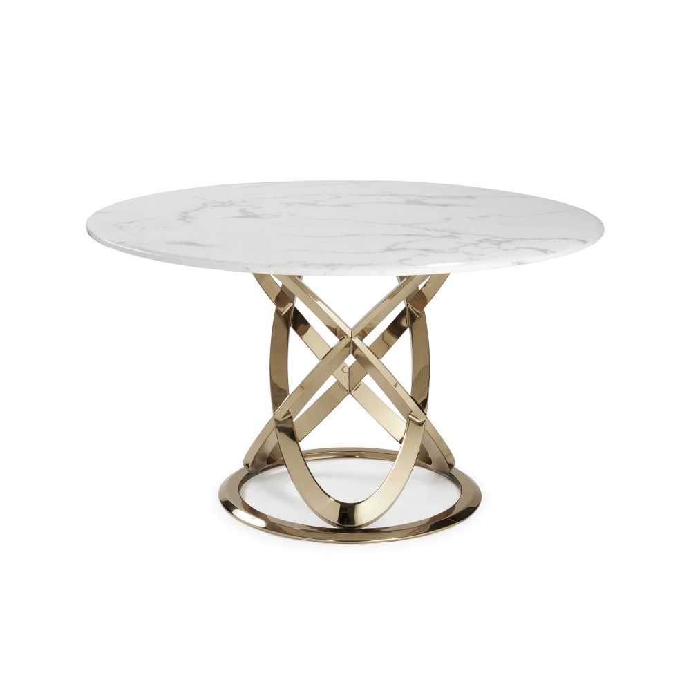 1.3M Pedestal Polished Circular Gold Stainless Steel Dining Table with White Marble Top - Image 8