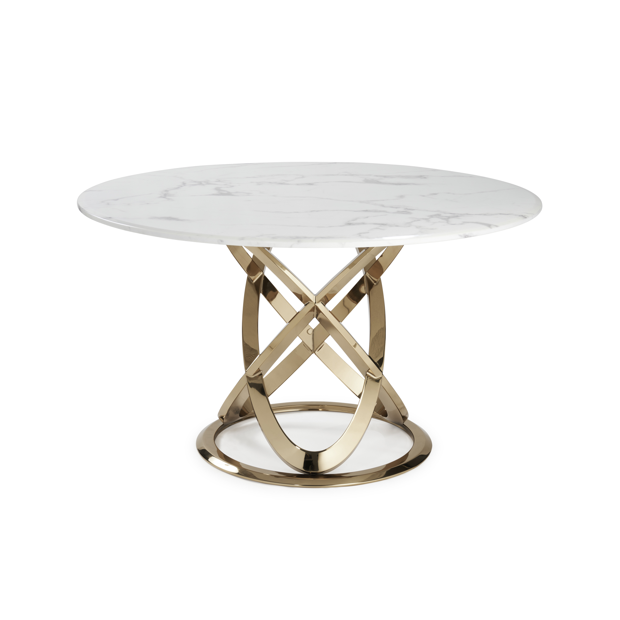 1.3M Pedestal Polished Circular Gold Stainless Steel Dining Table with White Marble Top