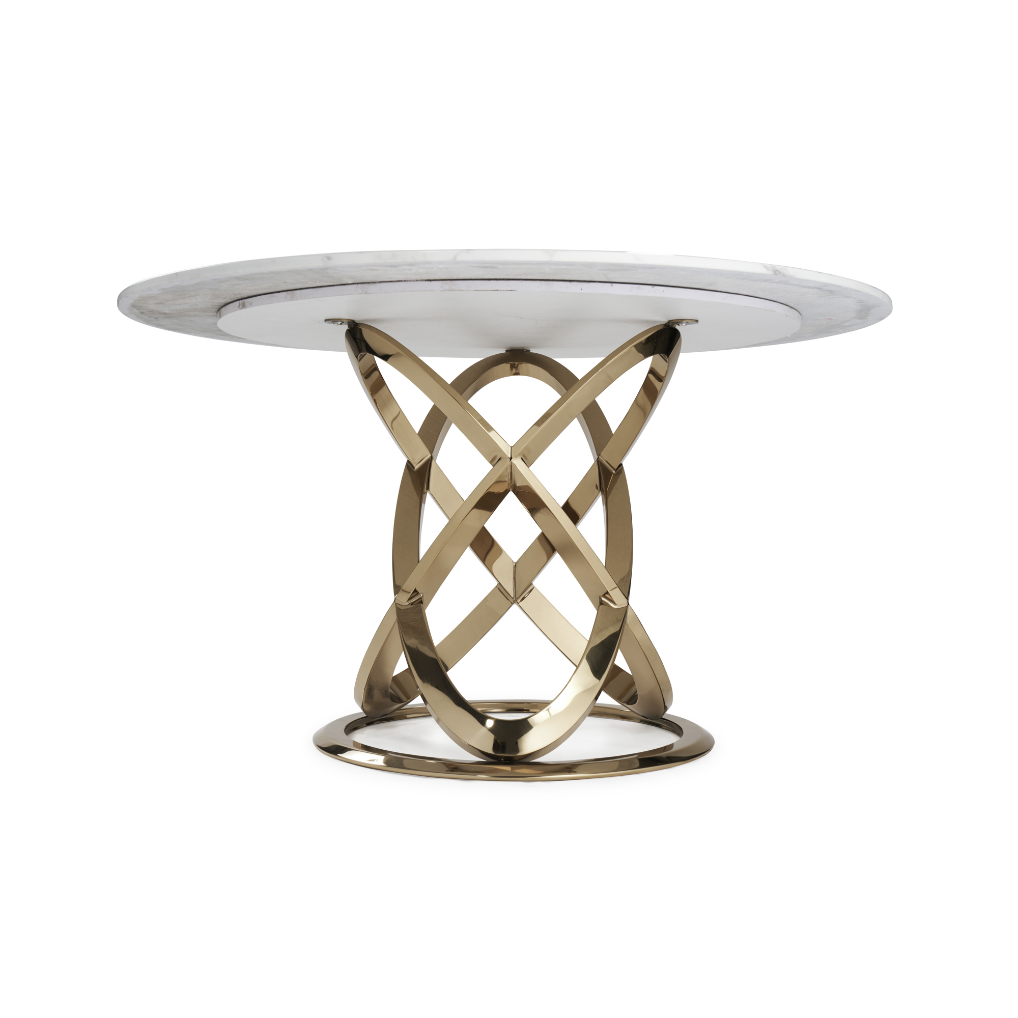 1.3M Pedestal Polished Circular Gold Stainless Steel Dining Table with White Marble Top