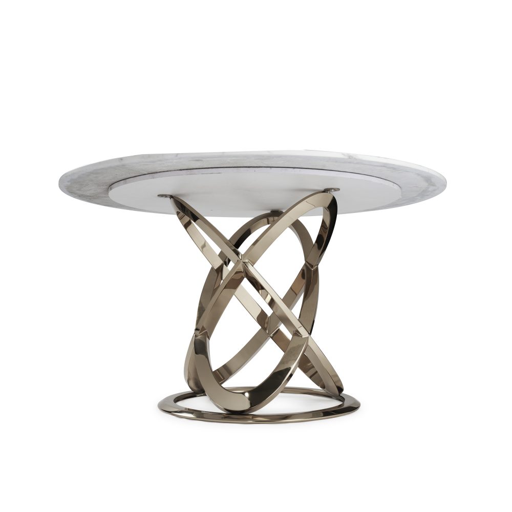 1.3M Pedestal Polished Circular Gold Stainless Steel Dining Table with White Marble Top - Image 10