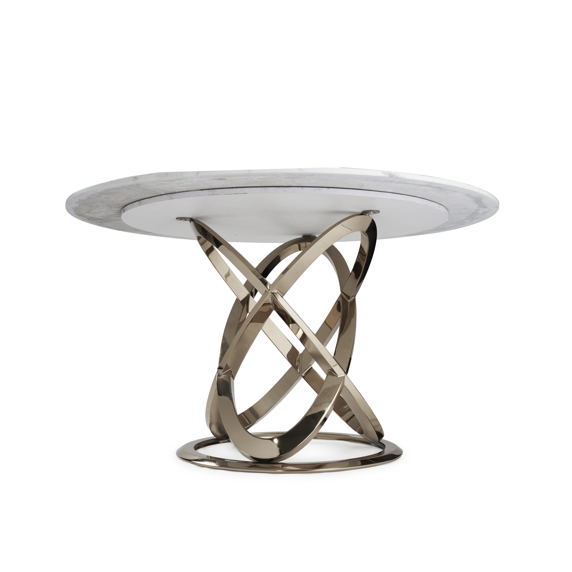 1.3M Pedestal Polished Circular Gold Stainless Steel Dining Table with White Marble Top